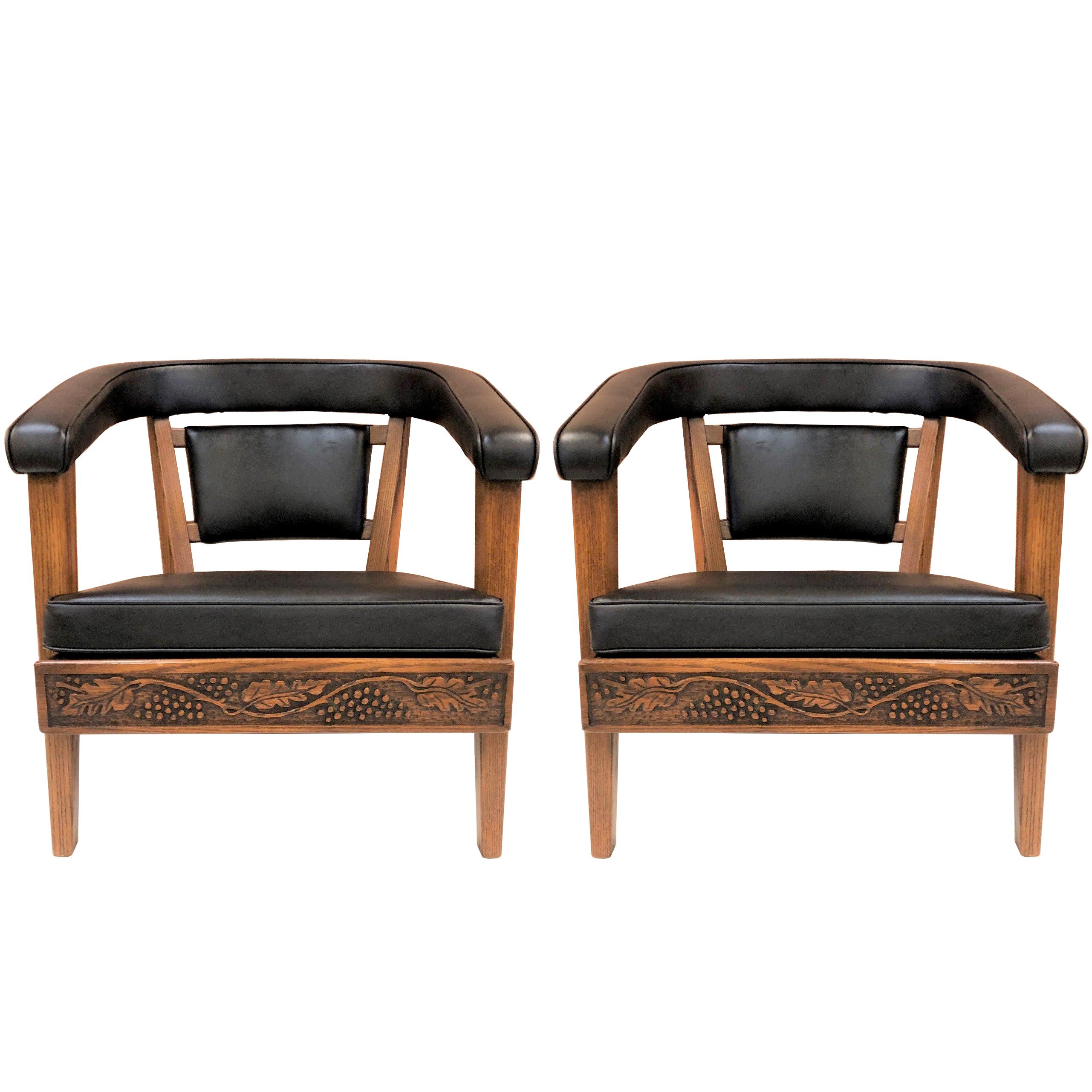 Pair of Romweber Carved Oak Lounge Chairs For Sale