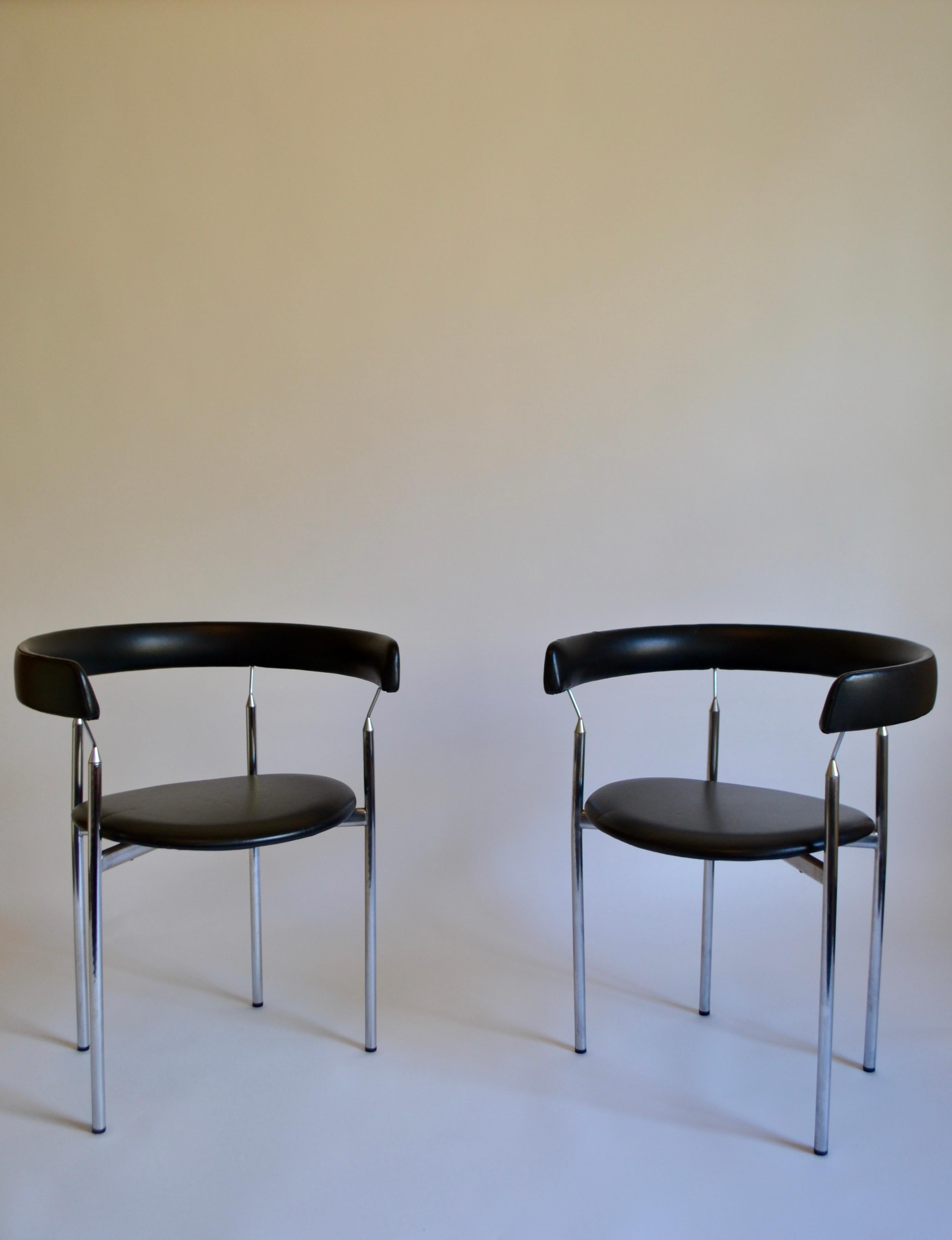 Pair of Rondo chairs designed by Jan Lunde Knudsen for Karl Sørlie Sarpsborg Fabrikker in Norway in the 1960s. Chrome frame with original black vinyl seating with some scuffs to vinyl. Faint makers stamp on base of one chair.