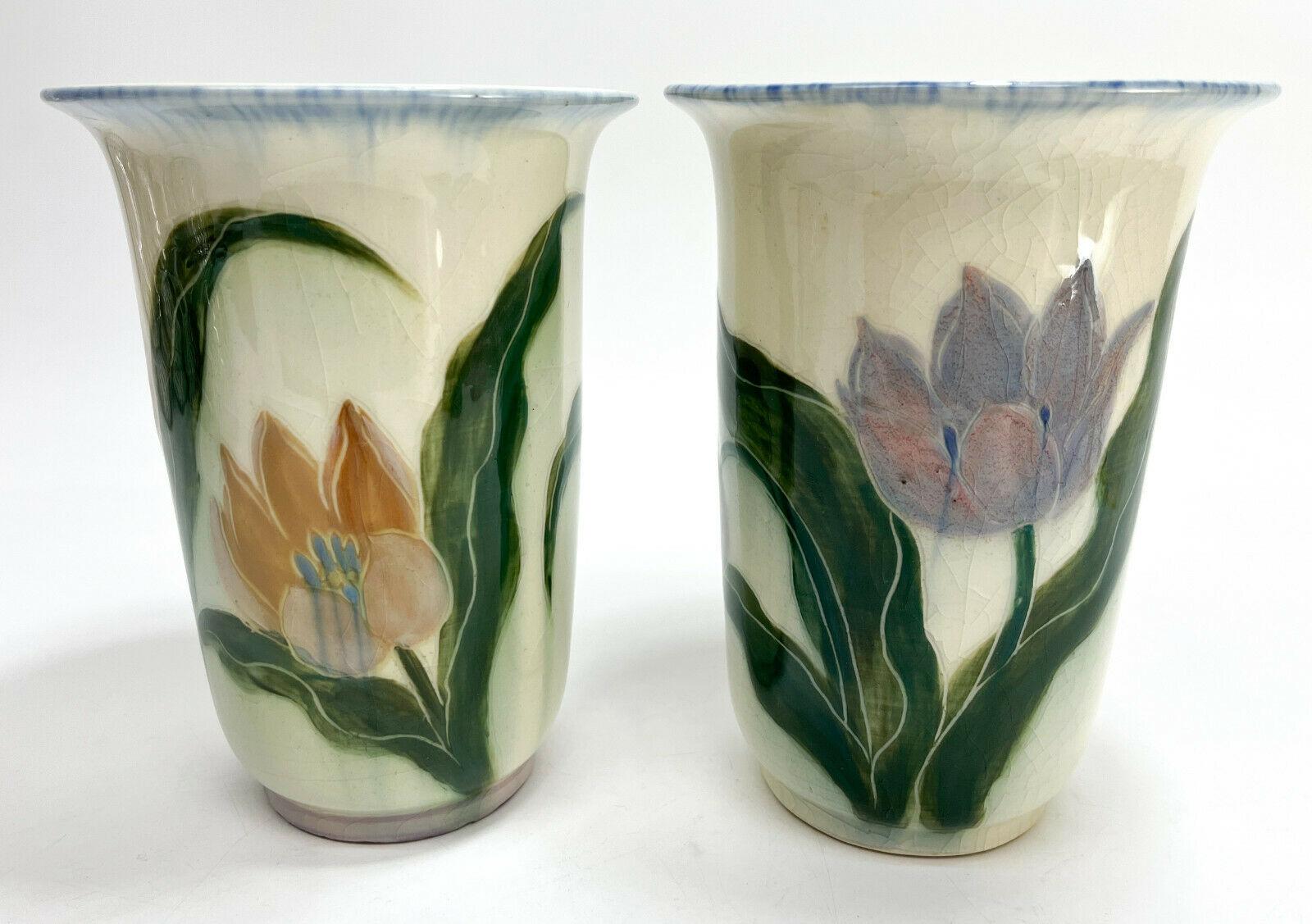Hand-Painted Pair of Rookwood Pottery Vases by E.T. Hurley #6806, Hand Painted Tulips, 1943 For Sale
