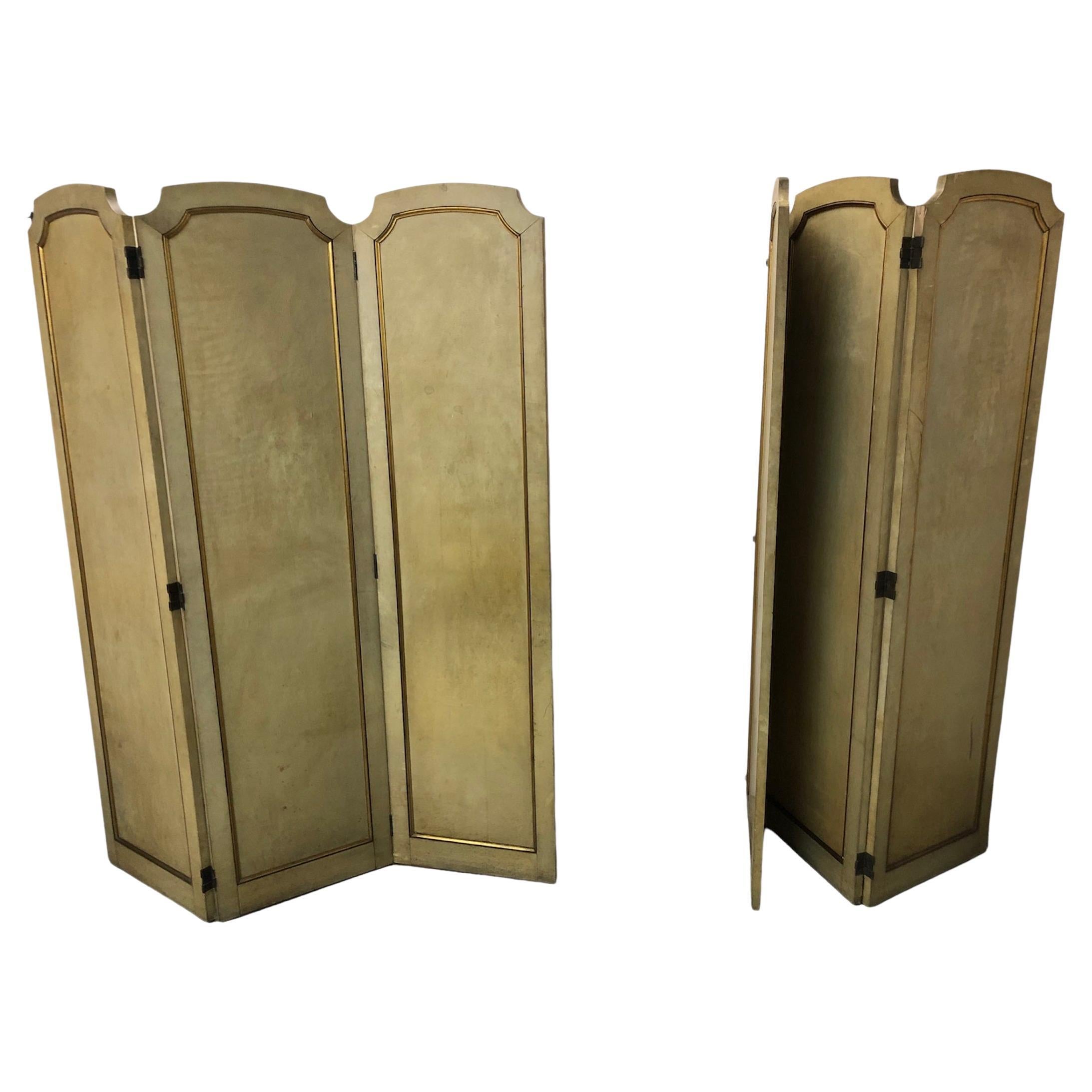 Pair of Room dividers in (parchment leather ) and wood , France, 1920 For Sale