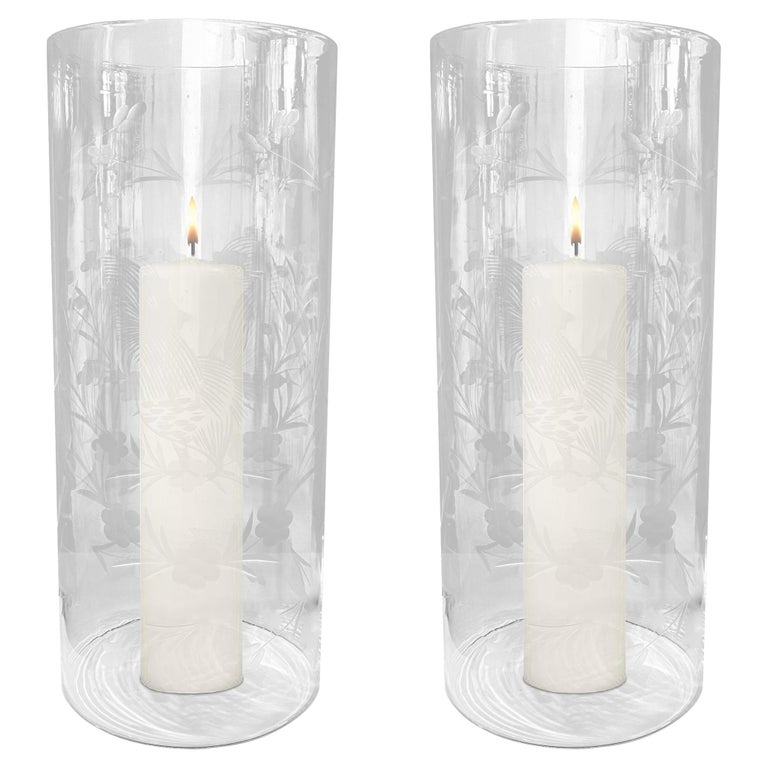 Pair of Rooster Cut Glass Hurricanes at 1stDibs