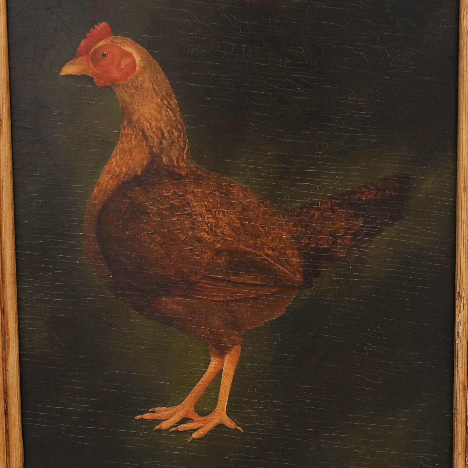 Pair of Rooster Paintings on Board In Good Condition In Palm Beach, FL