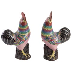 Pair of Roosters in Porcelain Stoneware, China, Late 19th Century