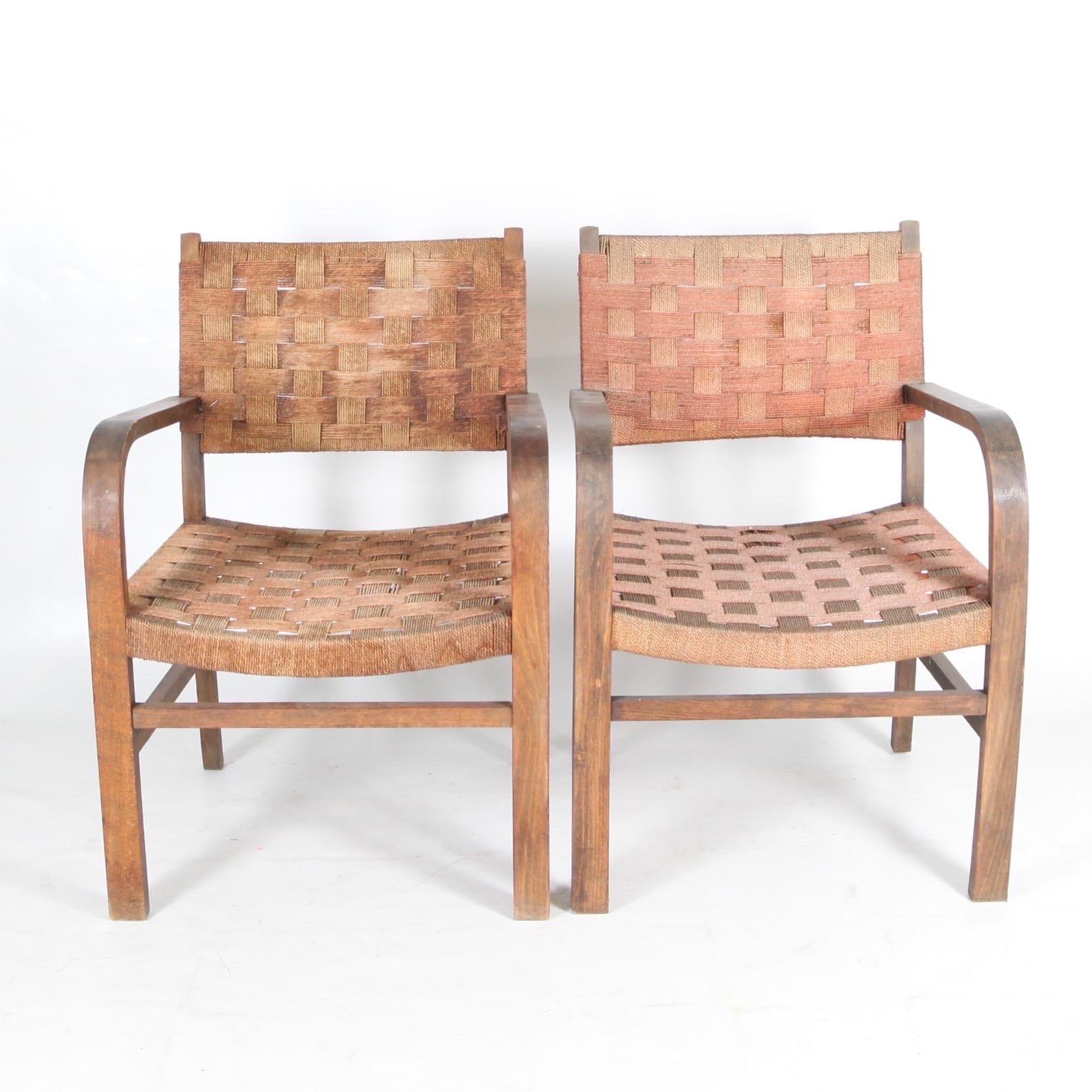 Pair of sea grass rope and beech wood armchairs circa 1960