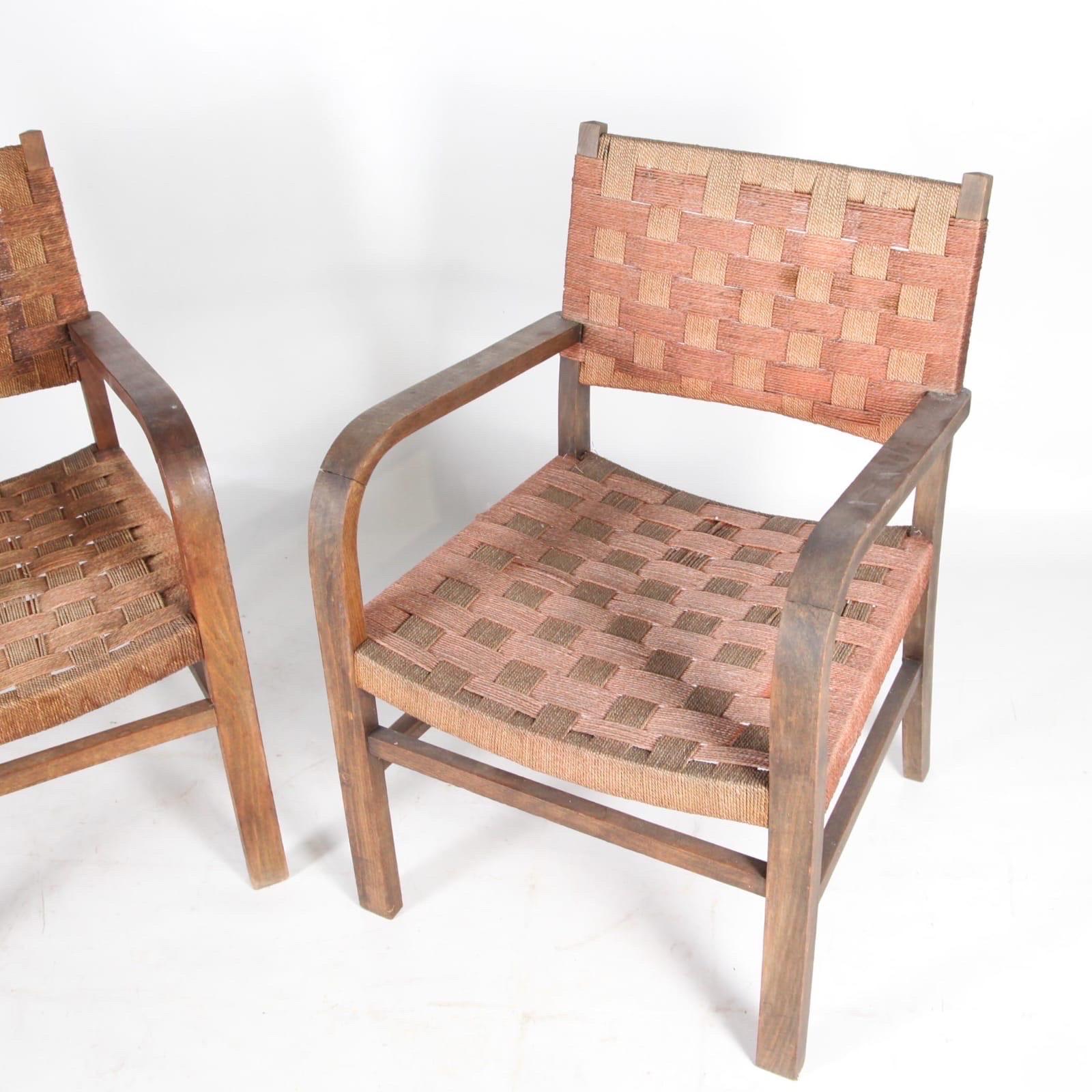 Mid-20th Century Pair of rope and beech wood armchairs circa 1960 For Sale