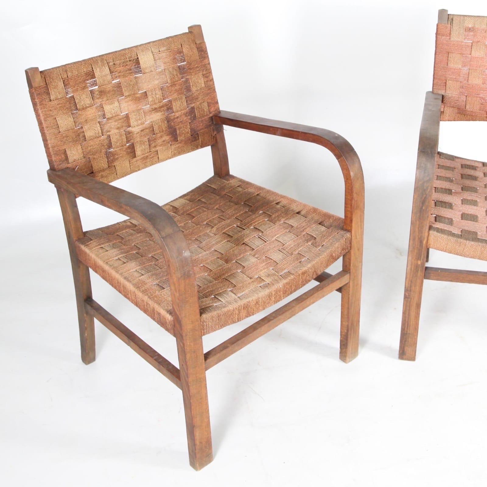 Rope Pair of rope and beech wood armchairs circa 1960 For Sale