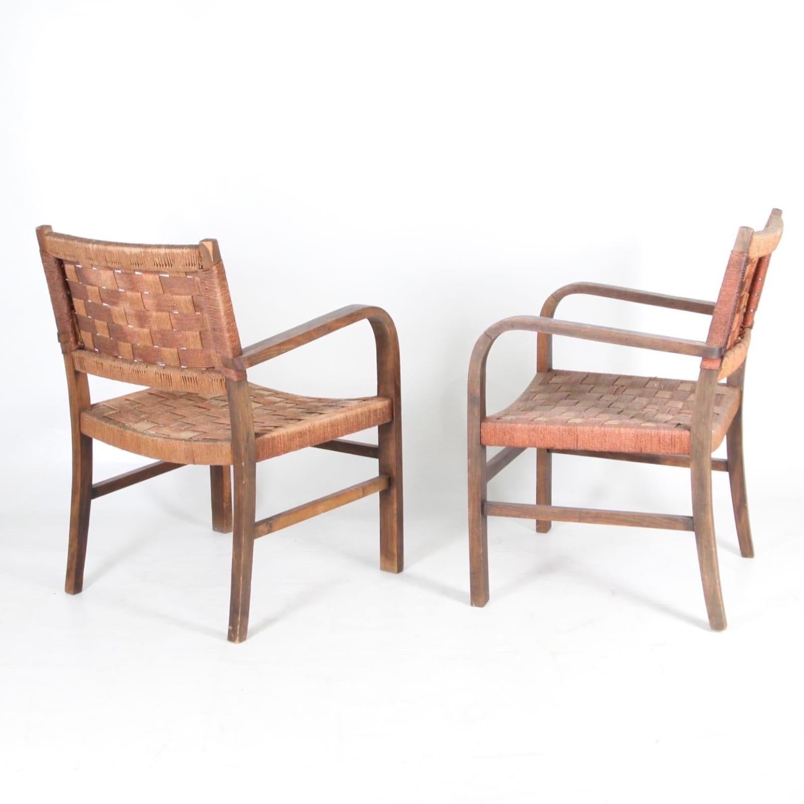 Pair of rope and beech wood armchairs circa 1960 For Sale 1