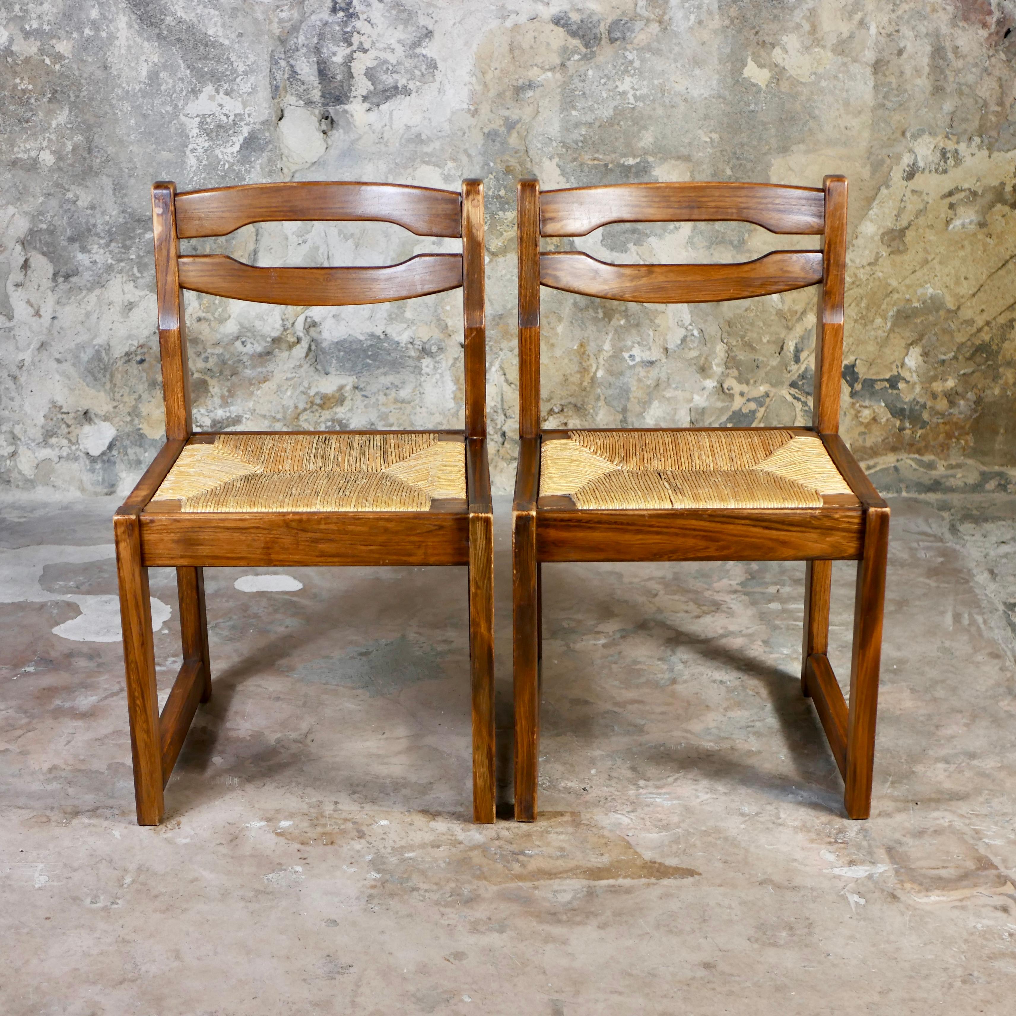 Brutalist Pair of rope and elm chairs in the style of Maison Regain, France, 1970s For Sale