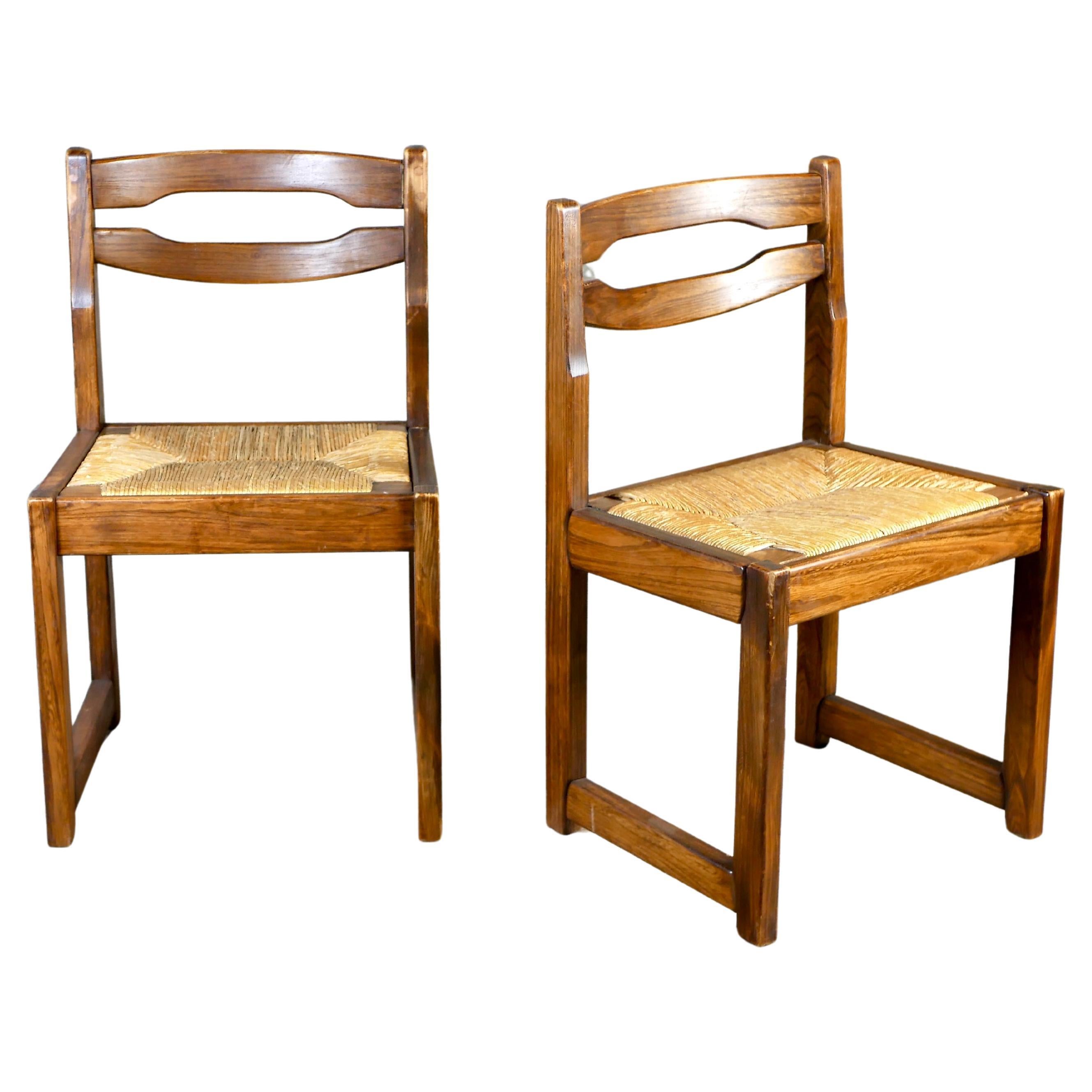Pair of rope and elm chairs in the style of Maison Regain, France, 1970s For Sale