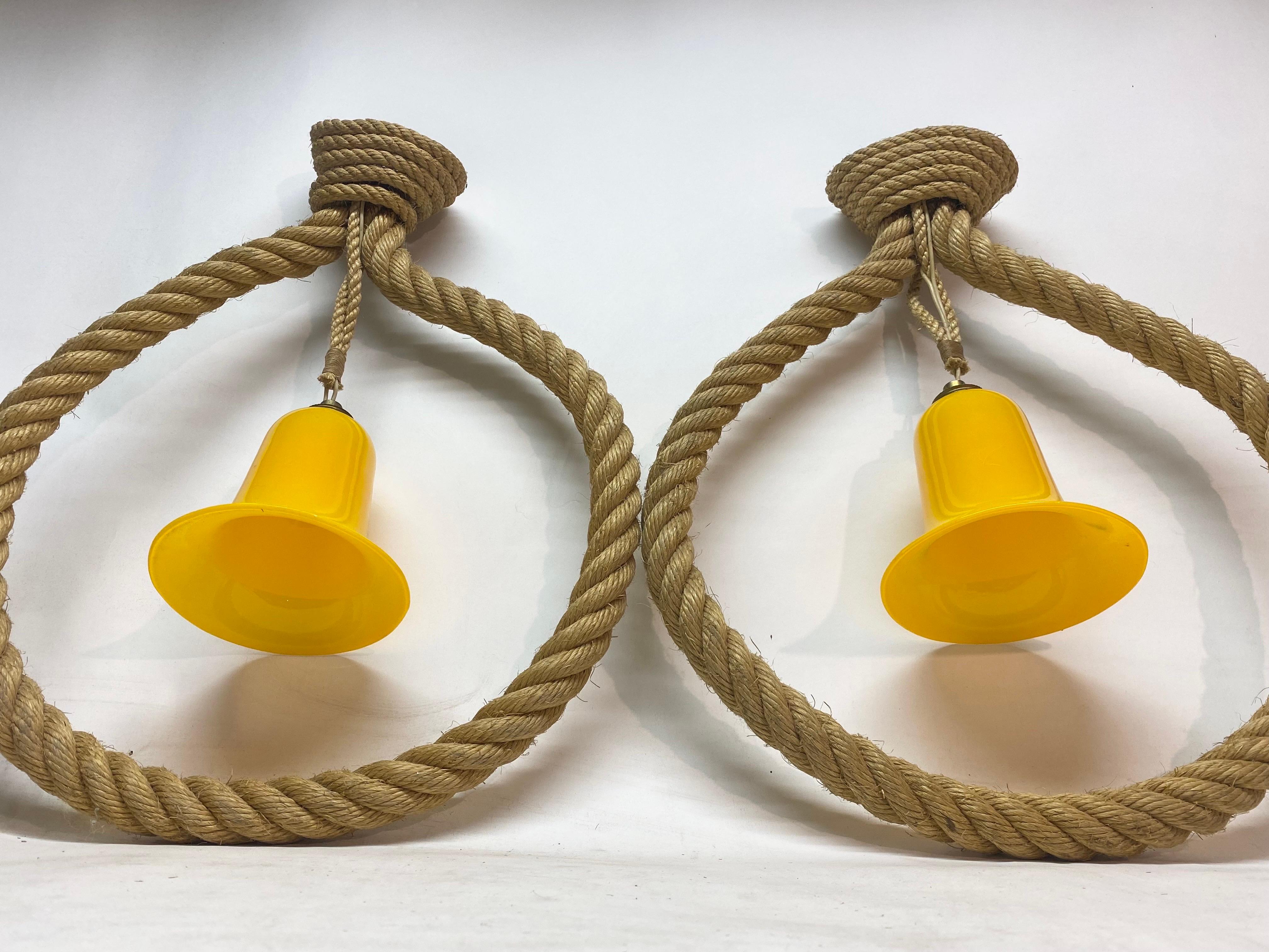 Pair of Rope and Glass Pendants by Audoux-Minet For Sale 1