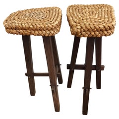 Pair of rope and sandblasted pine stools, 1970