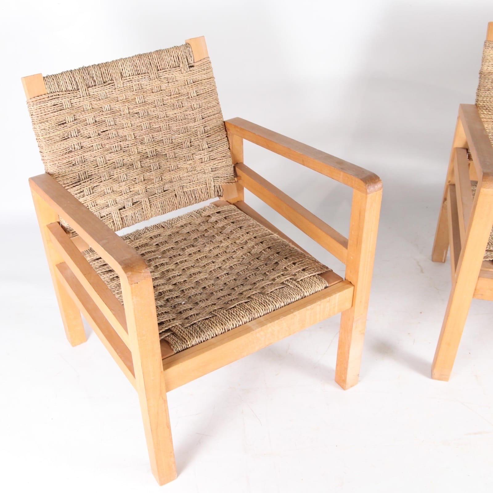 Rope Pair of rope and wood vintage armchairs For Sale