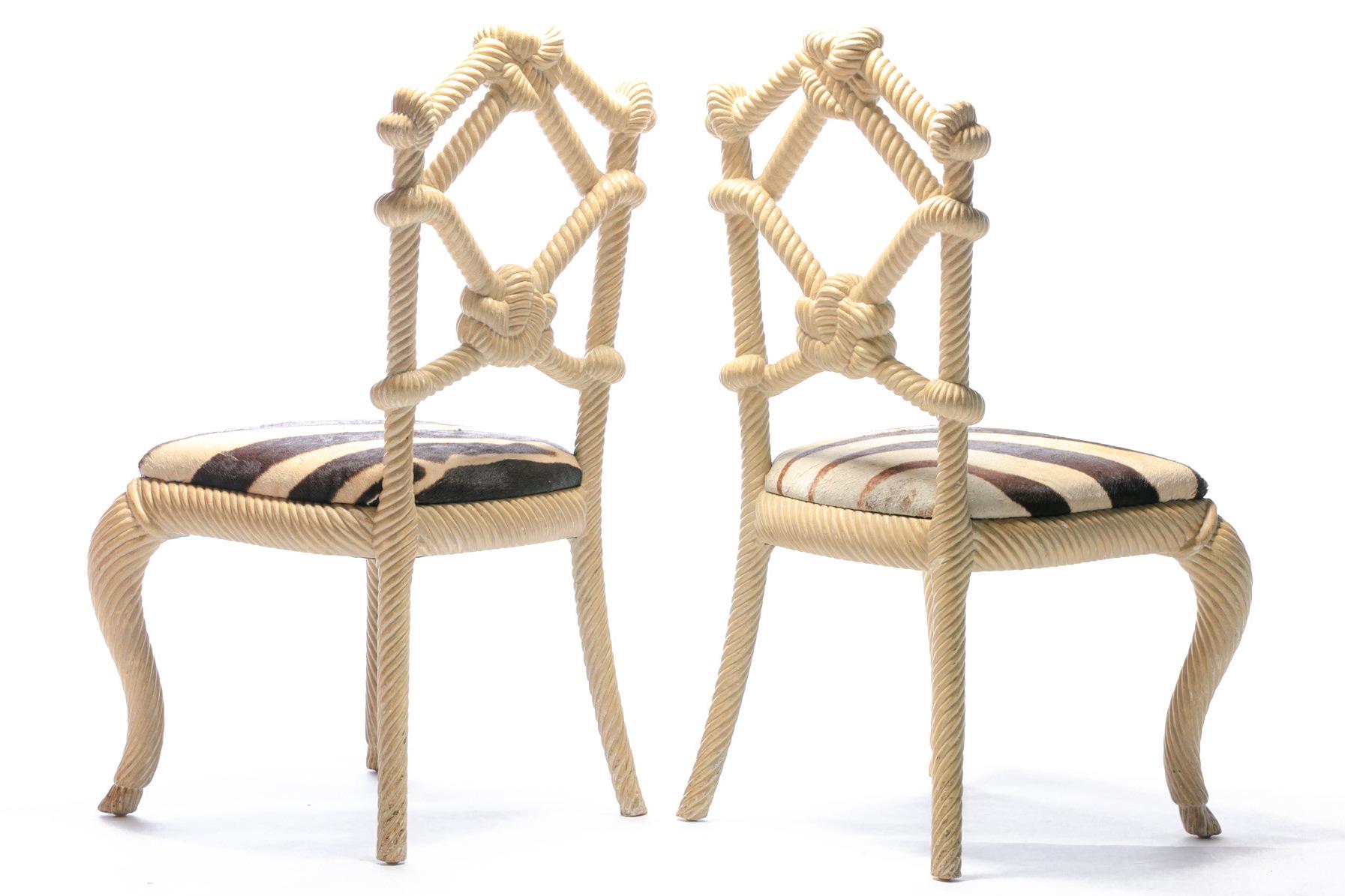 Hollywood Regency Paire de chaises en corde de Viceroy Miami avec sièges rembourrés en peau zébrée en vente