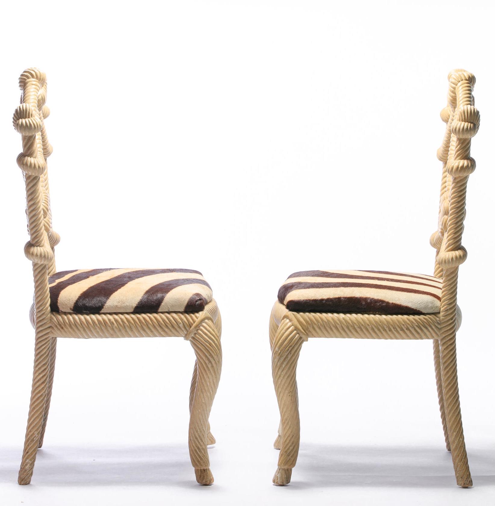 Hollywood Regency Pair of Rope Chairs from Viceroy Miami with Zebra Hide Upholstered Seats For Sale