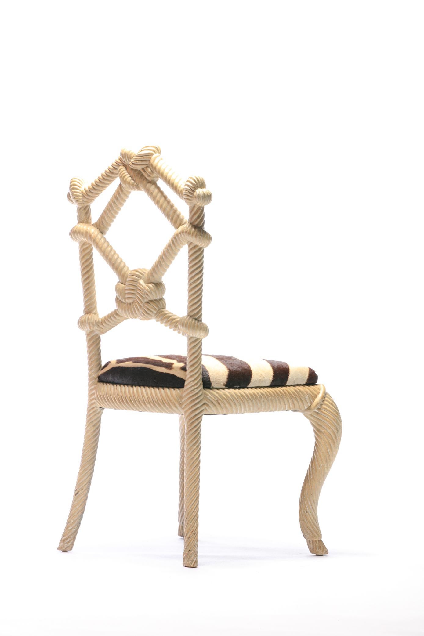 Pair of Rope Chairs from Viceroy Miami with Zebra Hide Upholstered Seats In Good Condition For Sale In Saint Louis, MO