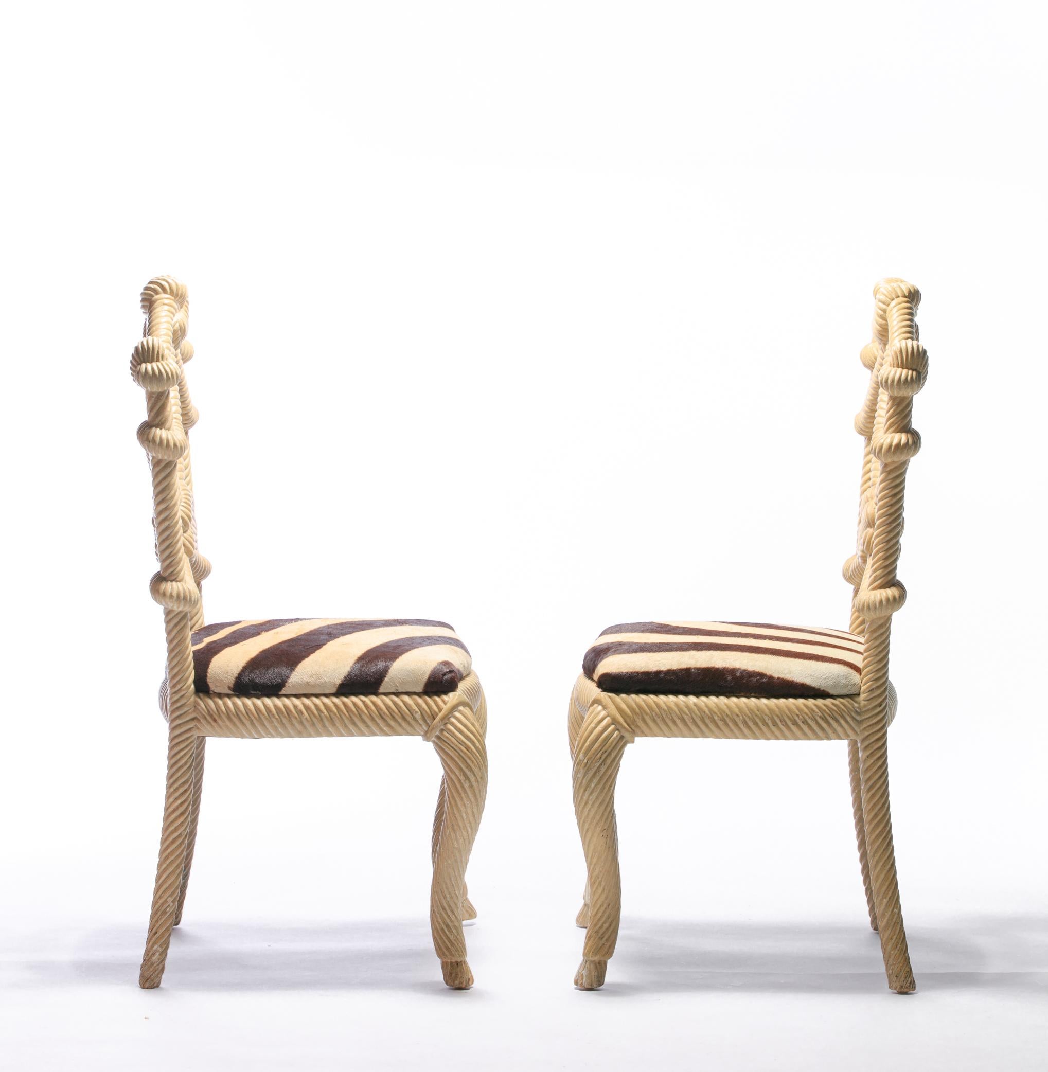 Wood Pair of Rope Chairs from Viceroy Miami with Zebra Hide Upholstered Seats For Sale