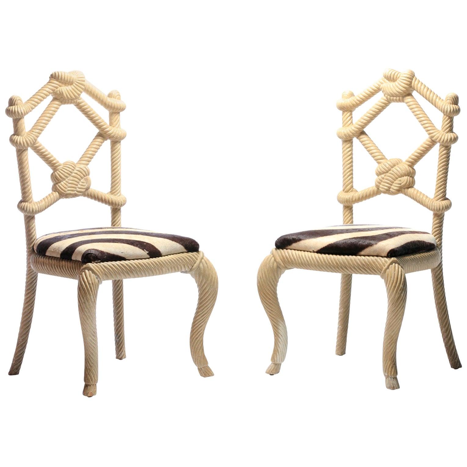 Pair of Rope Chairs from Viceroy Miami with Zebra Hide Upholstered Seats For Sale