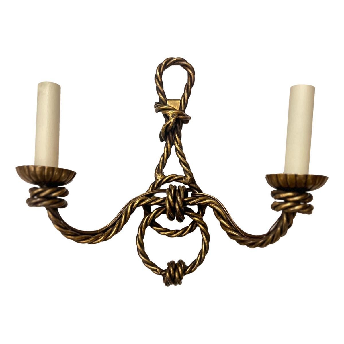 French Pair of Rope Gilt Sconces For Sale