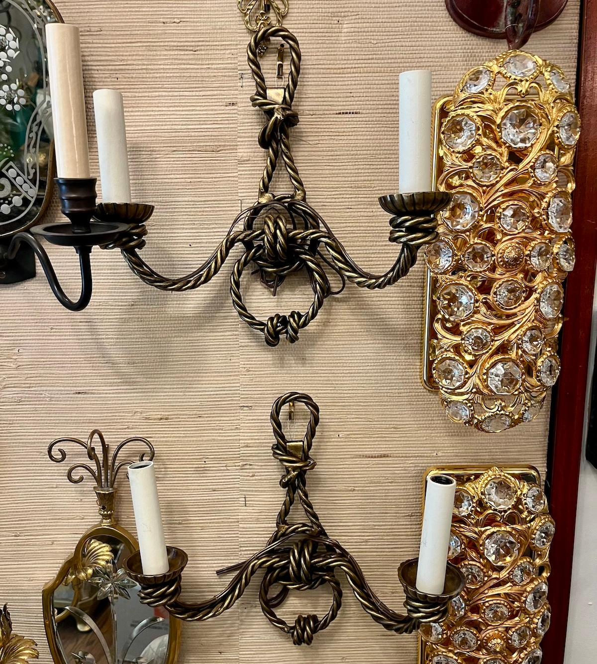 Metal Pair of Rope Gilt Sconces For Sale
