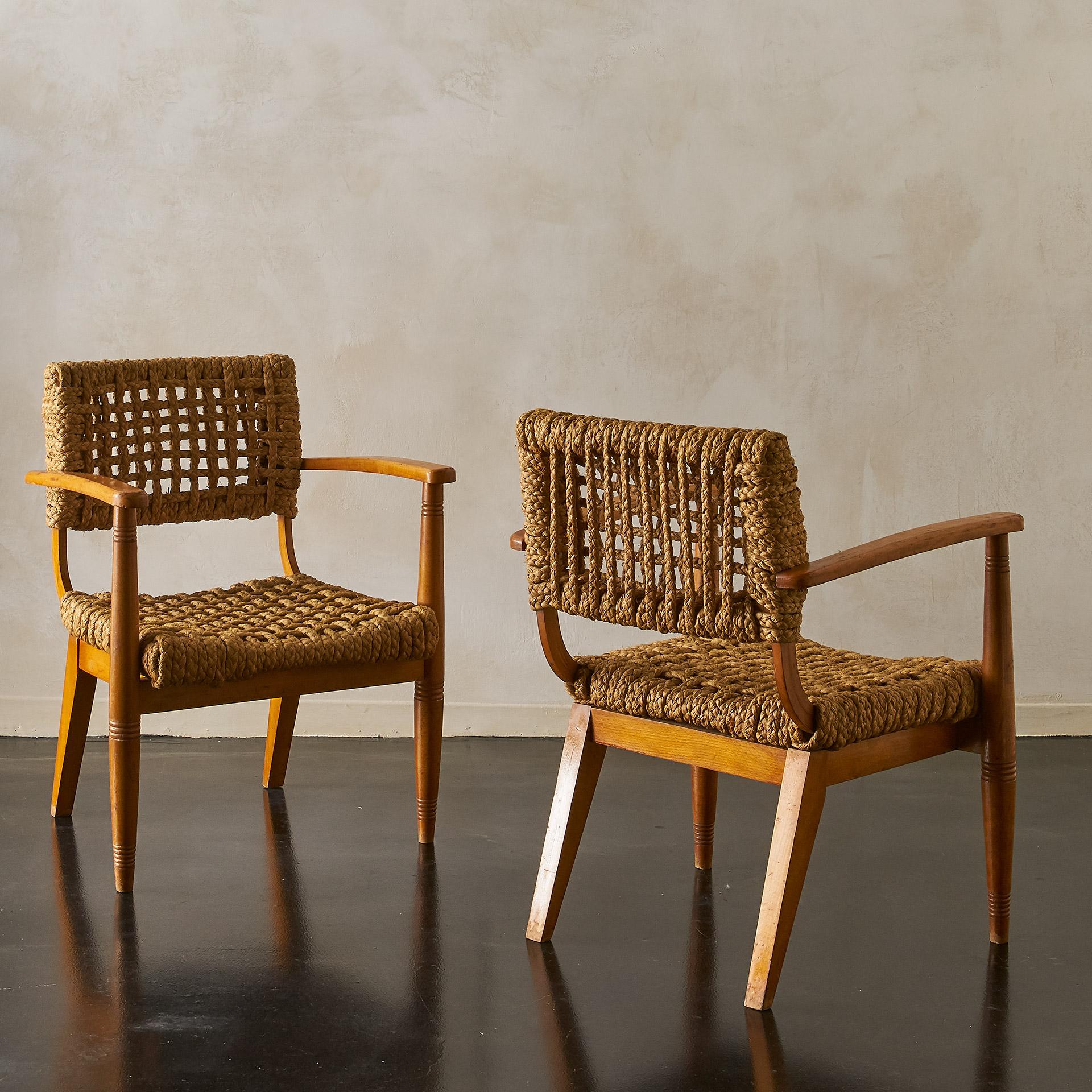 French Pair of Rope Lounge Chairs by Adrien Audoux and Frida Minet 