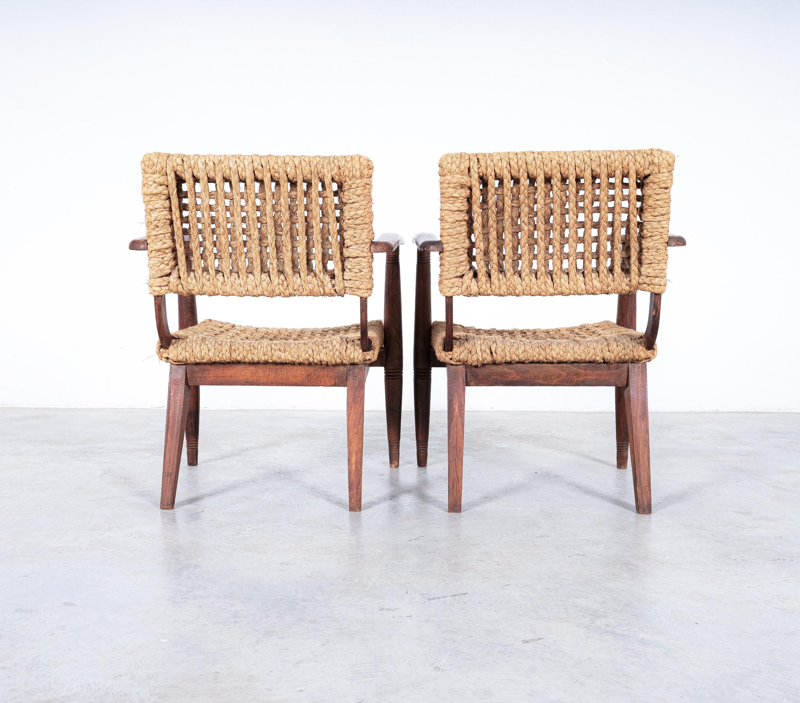 Mid-Century Modern Pair of Rope Lounge Chairs by Adrien Audoux and Frida Minet, France, 1950