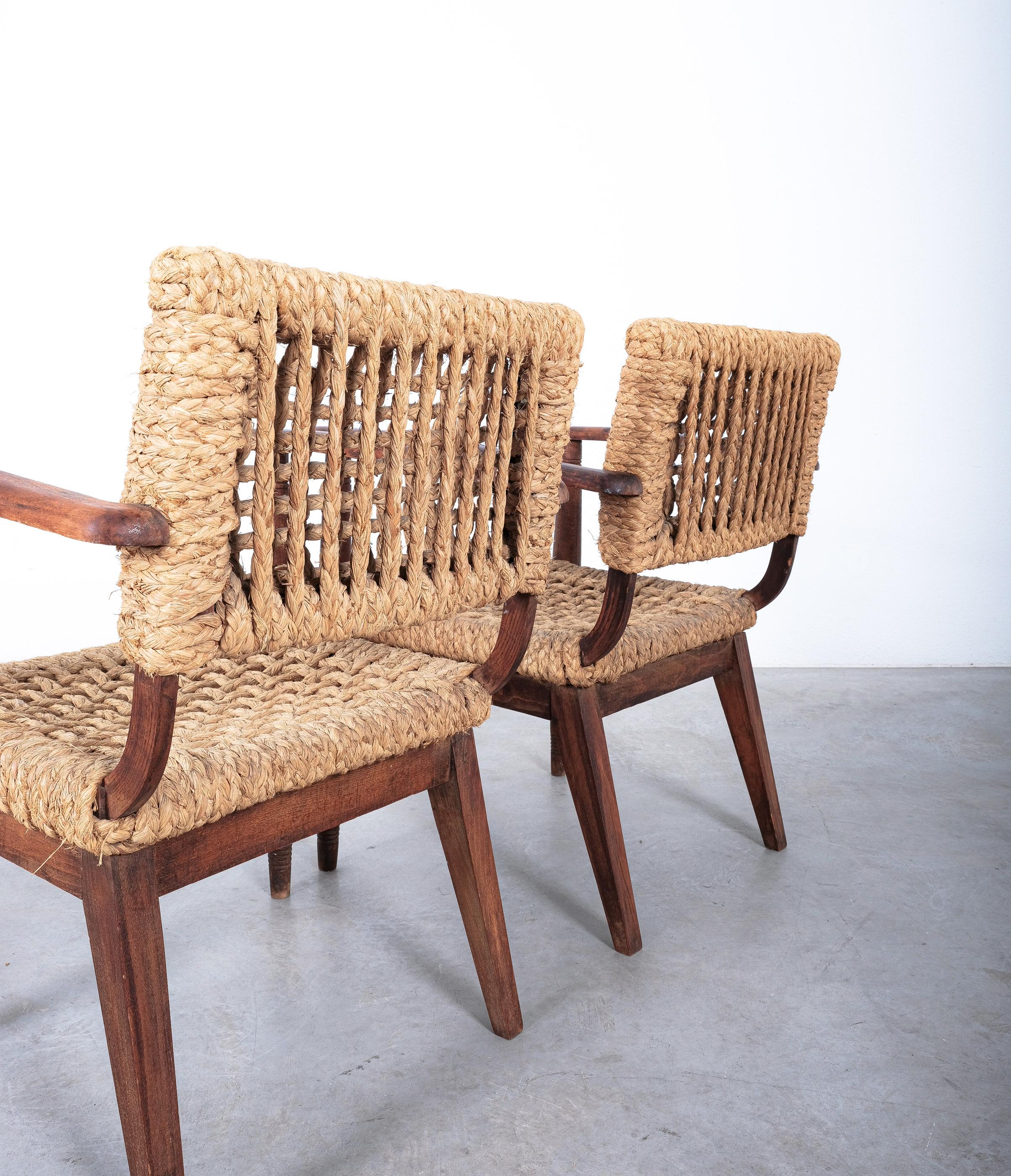 French Pair of Rope Lounge Chairs by Adrien Audoux and Frida Minet, France, 1950