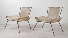 Pair of Rope and Metal Armchairs with Stools, 1950s