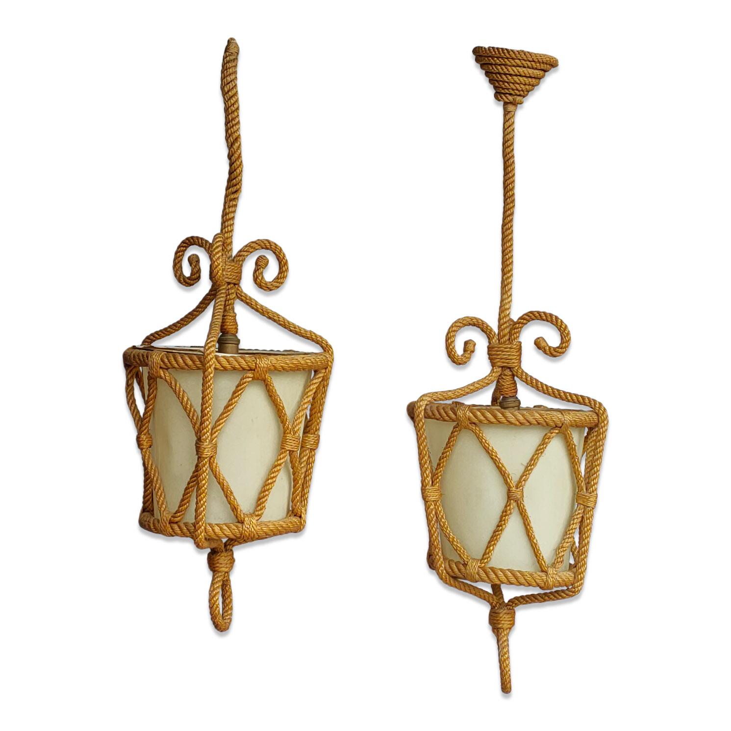 French Pair of Rope Pendants by Audoux Minnet, France, 1960s