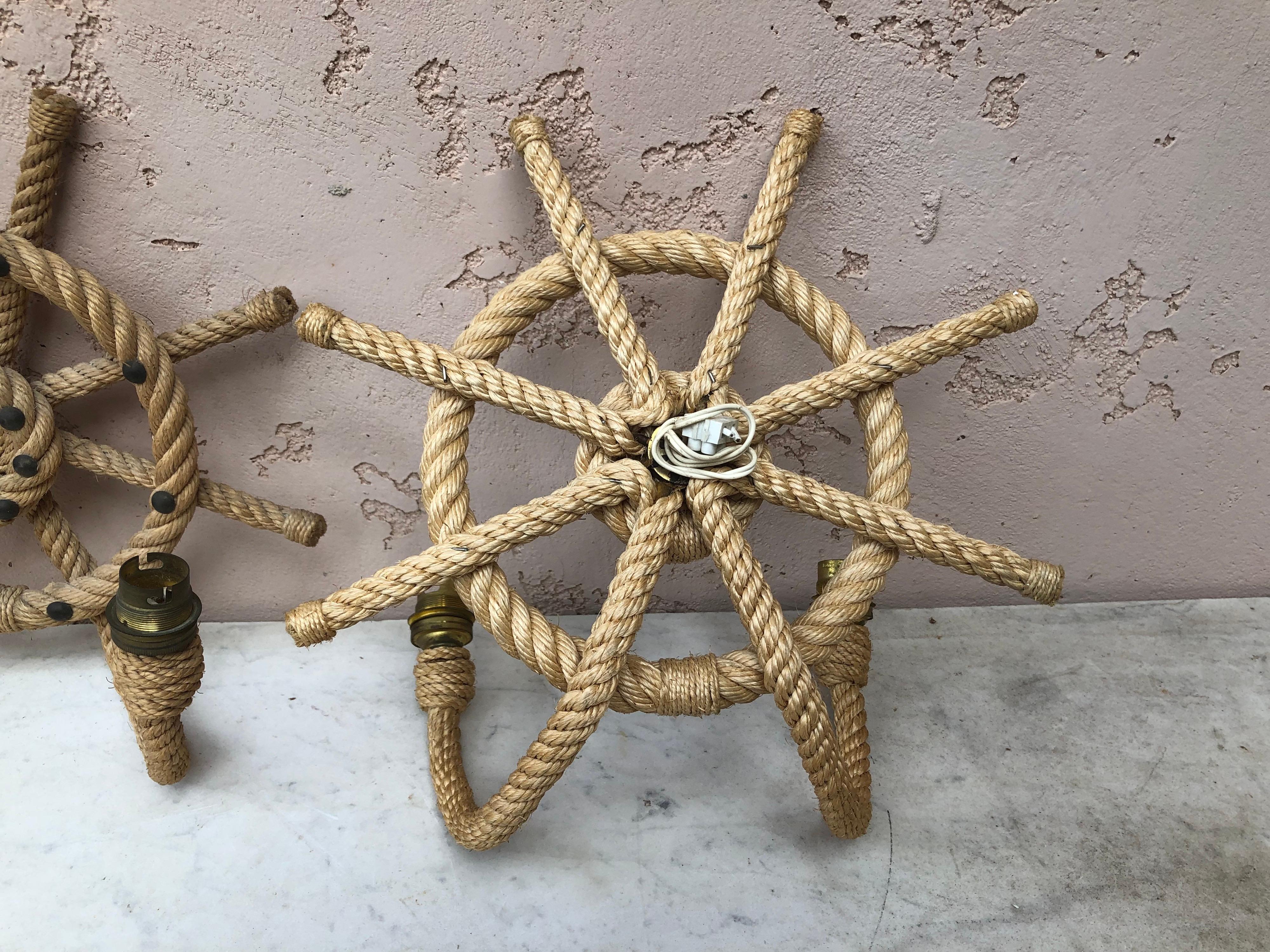 Mid-Century Modern Mid-Century Pair of Rope Ship Wheel Sconce Adrien Audoux & Frida Minet For Sale