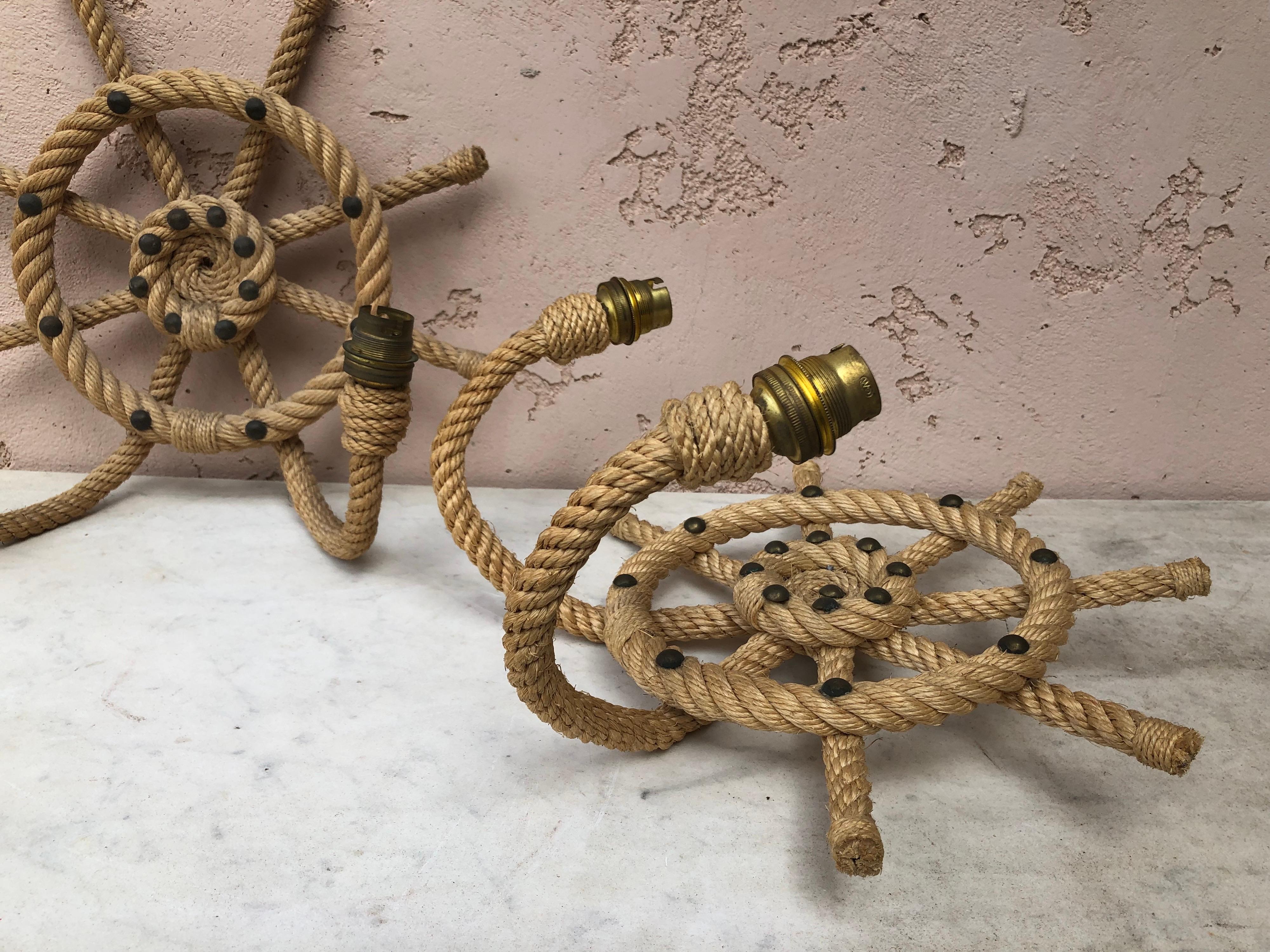 French Mid-Century Pair of Rope Ship Wheel Sconce Adrien Audoux & Frida Minet For Sale