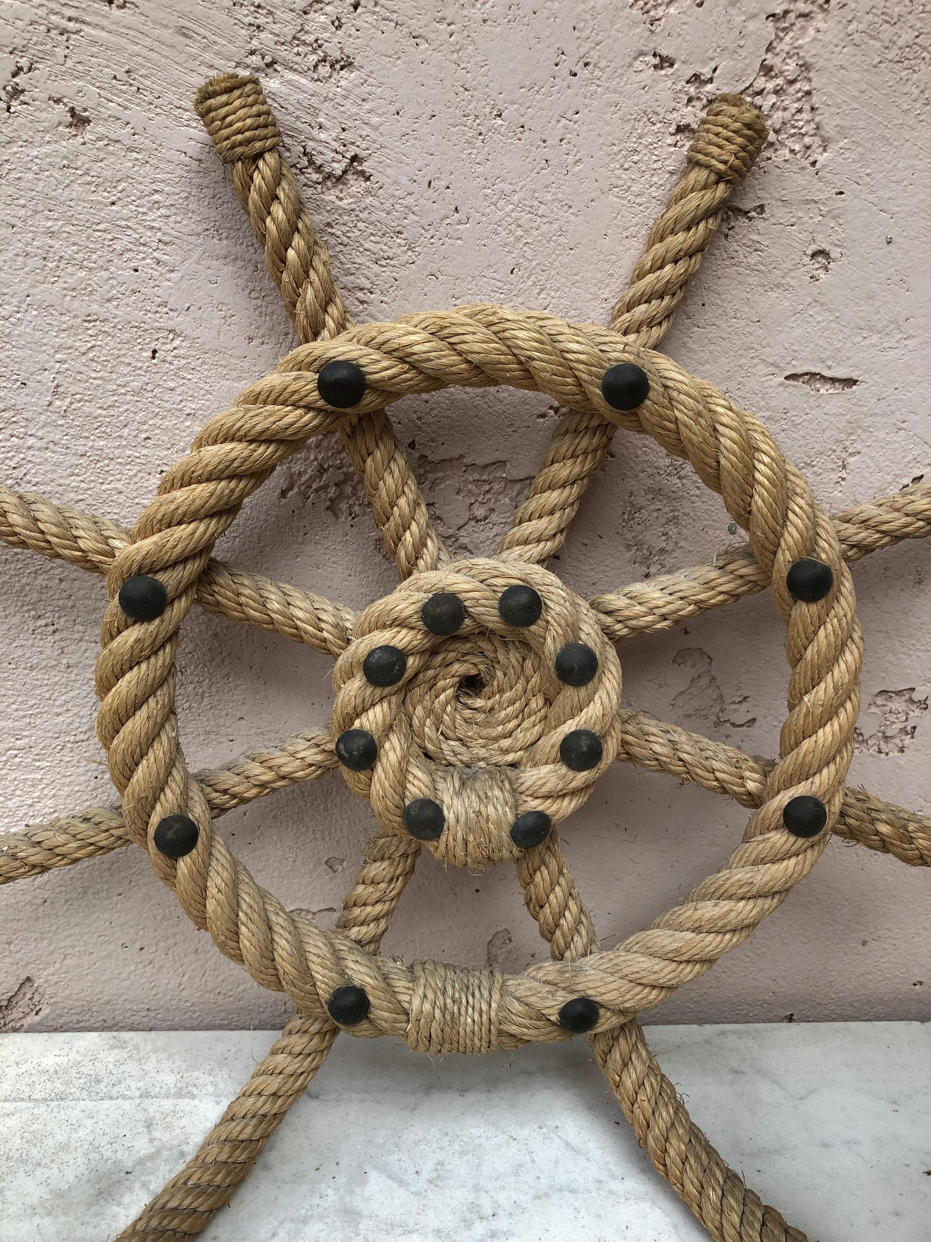 Mid-Century Pair of Rope Ship Wheel Sconce Adrien Audoux & Frida Minet In Good Condition For Sale In Austin, TX
