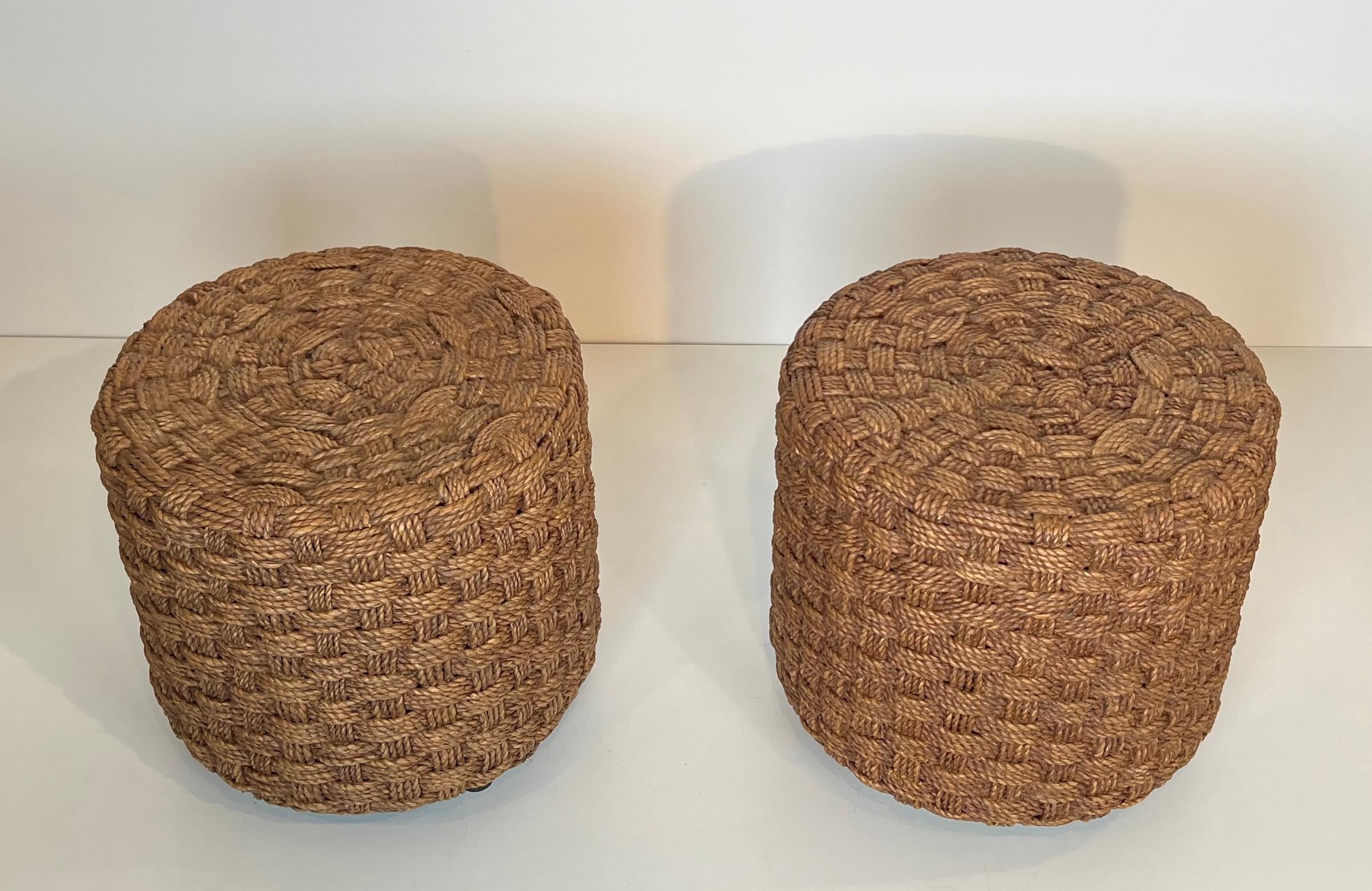Paire de tabourets en corde à pieds ronds en bois dans le style d'Audoux-Minet en vente 5