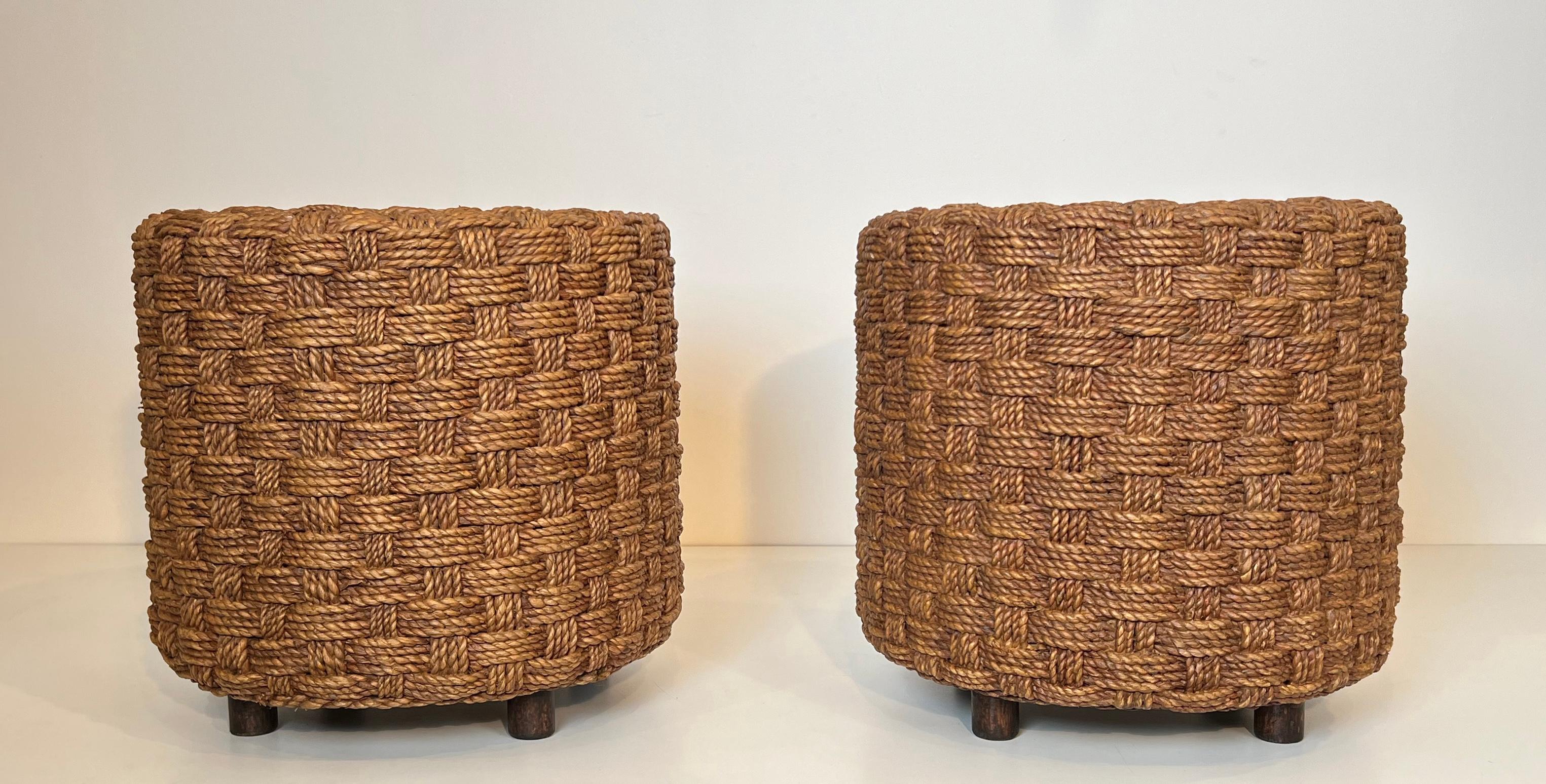 Paire de tabourets en corde à pieds ronds en bois dans le style d'Audoux-Minet en vente 11