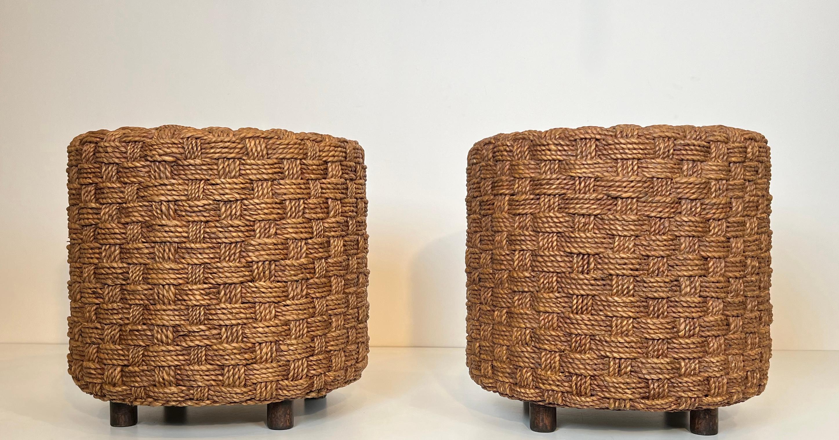 Paire de tabourets en corde à pieds ronds en bois dans le style d'Audoux-Minet en vente 12