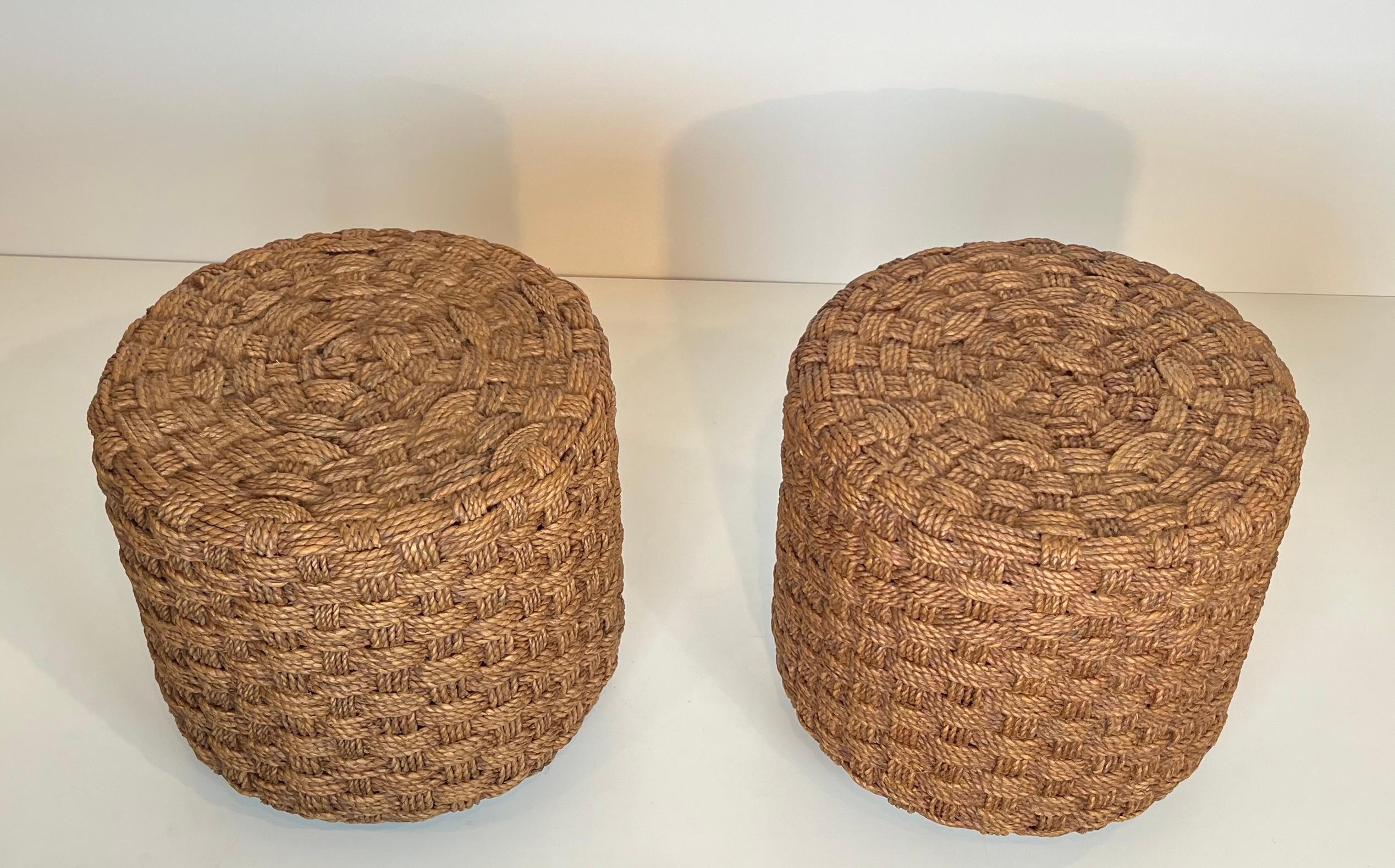 Paire de tabourets en corde à pieds ronds en bois dans le style d'Audoux-Minet en vente 13