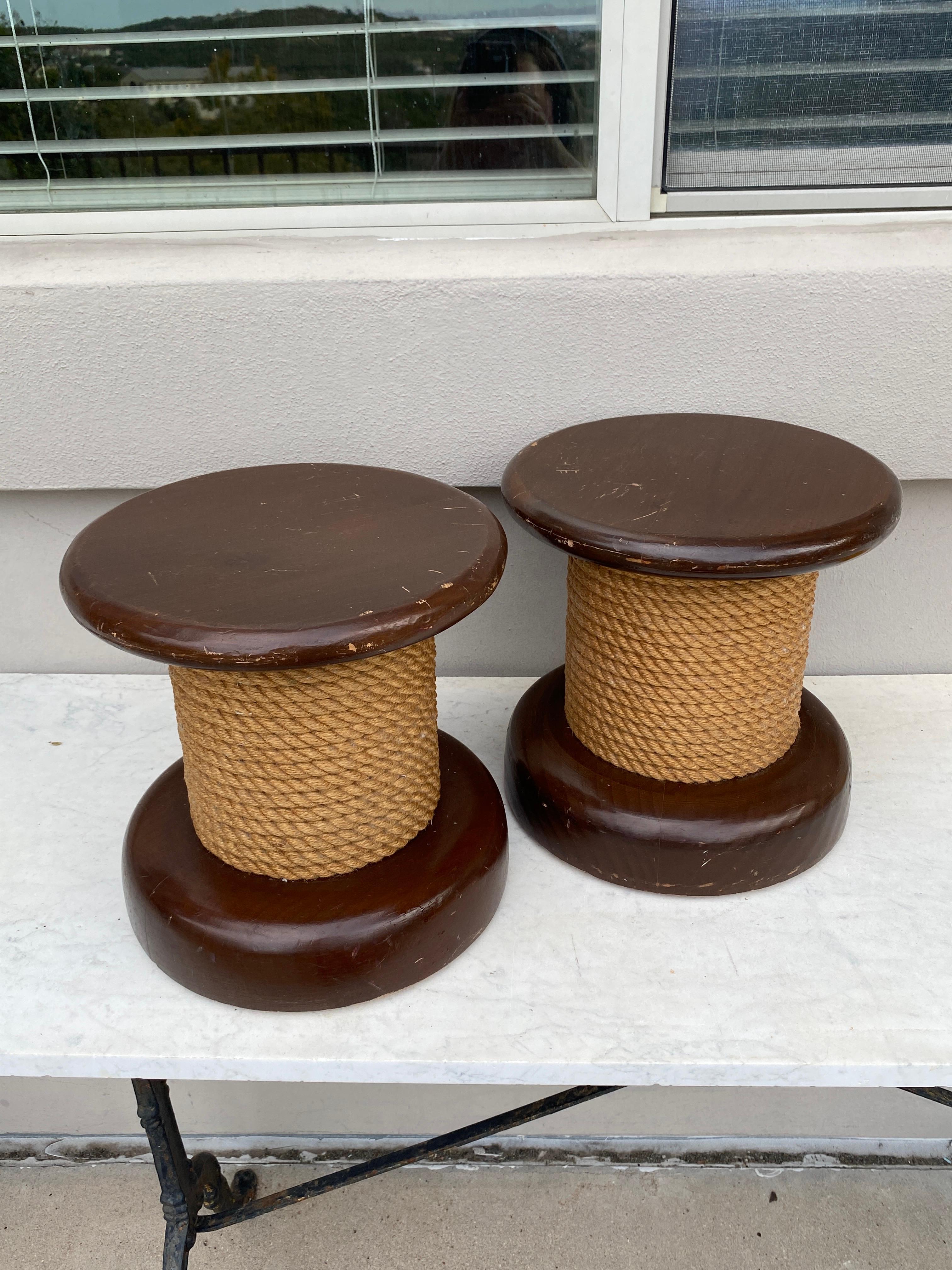 Pair of Audoux Minet rope stool with wood base.
Height / 10.2inches.
Diameter / 11 inches.