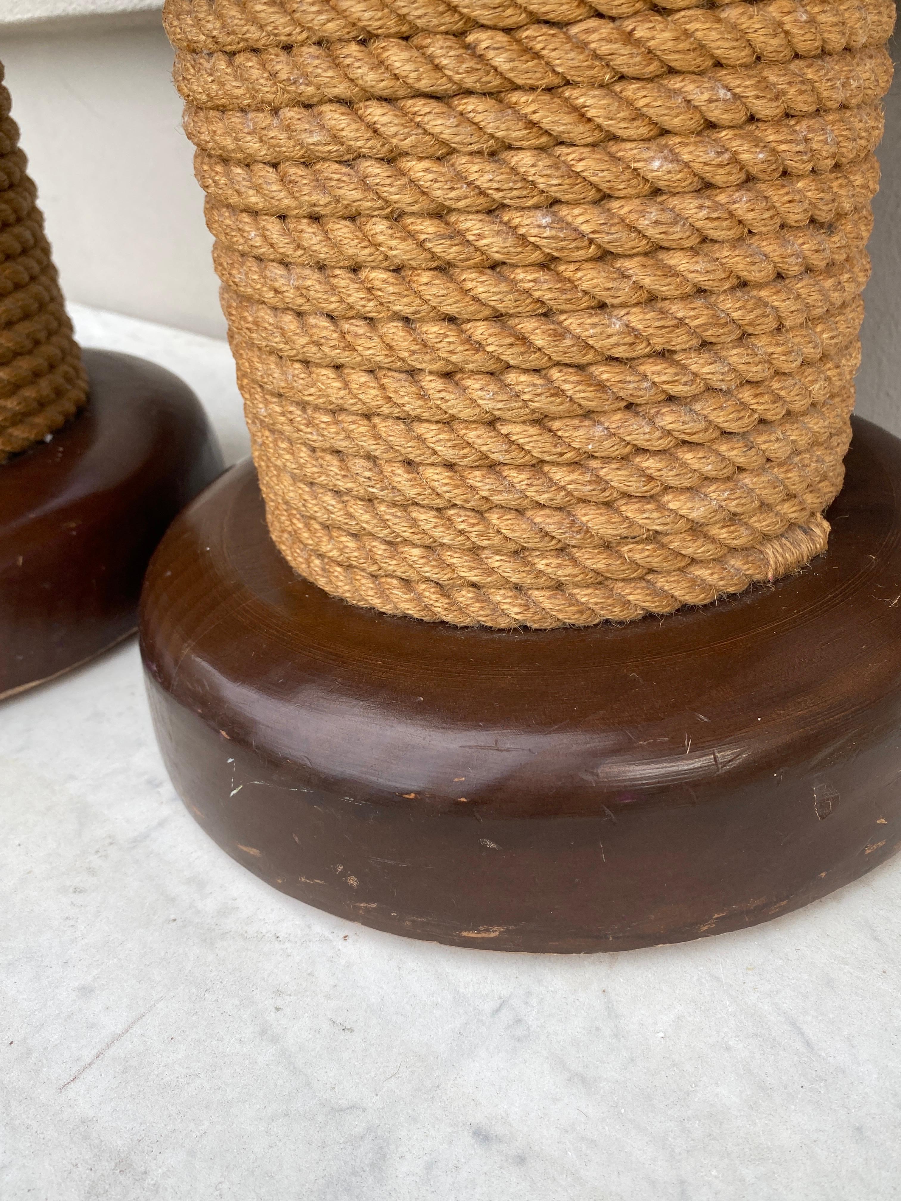 French  Mid-Century Pair of Rope & Wood Stool Adrien Audoux & Frida Minet  For Sale