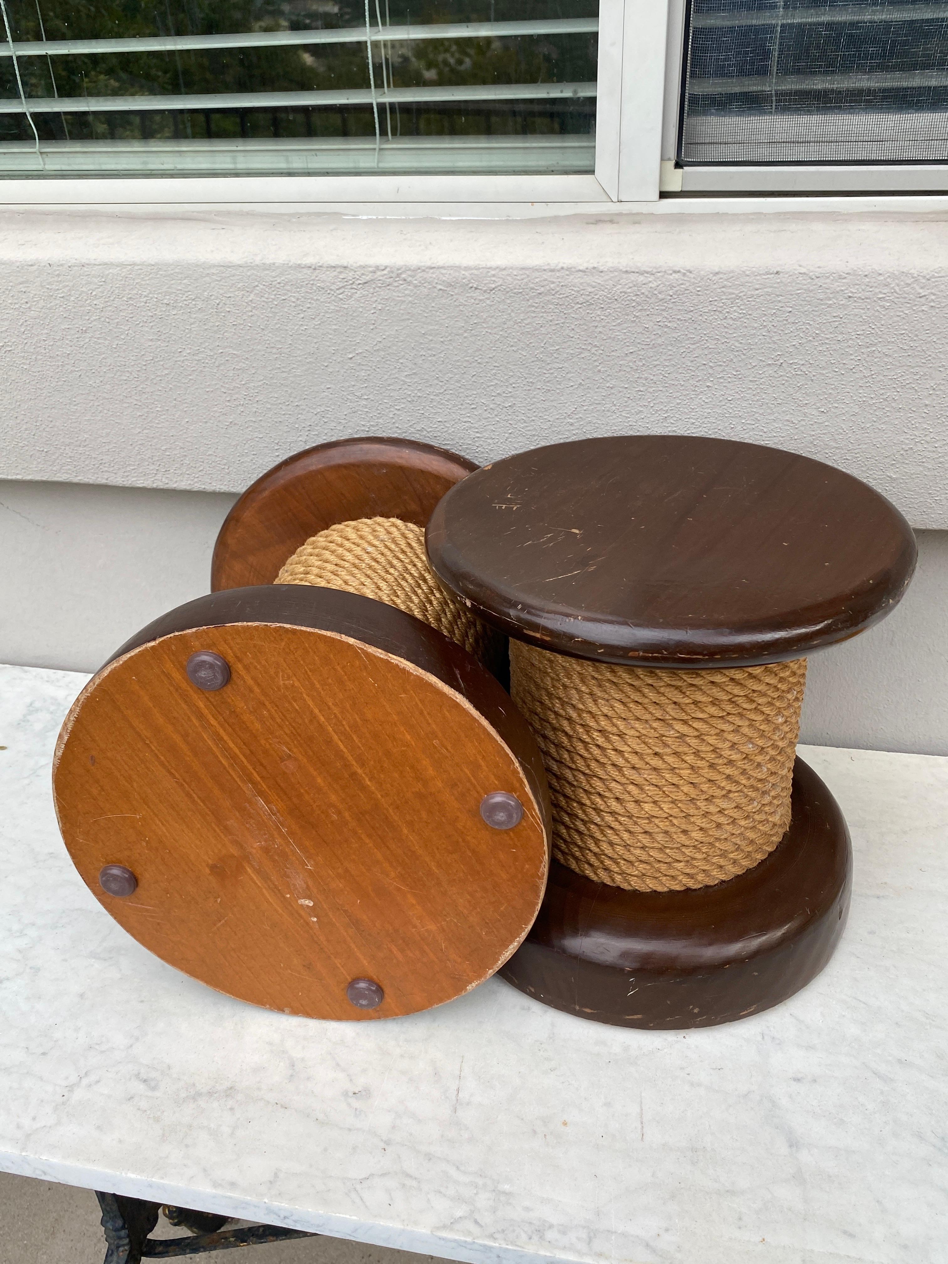  Mid-Century Pair of Rope & Wood Stool Adrien Audoux & Frida Minet  In Good Condition For Sale In Austin, TX