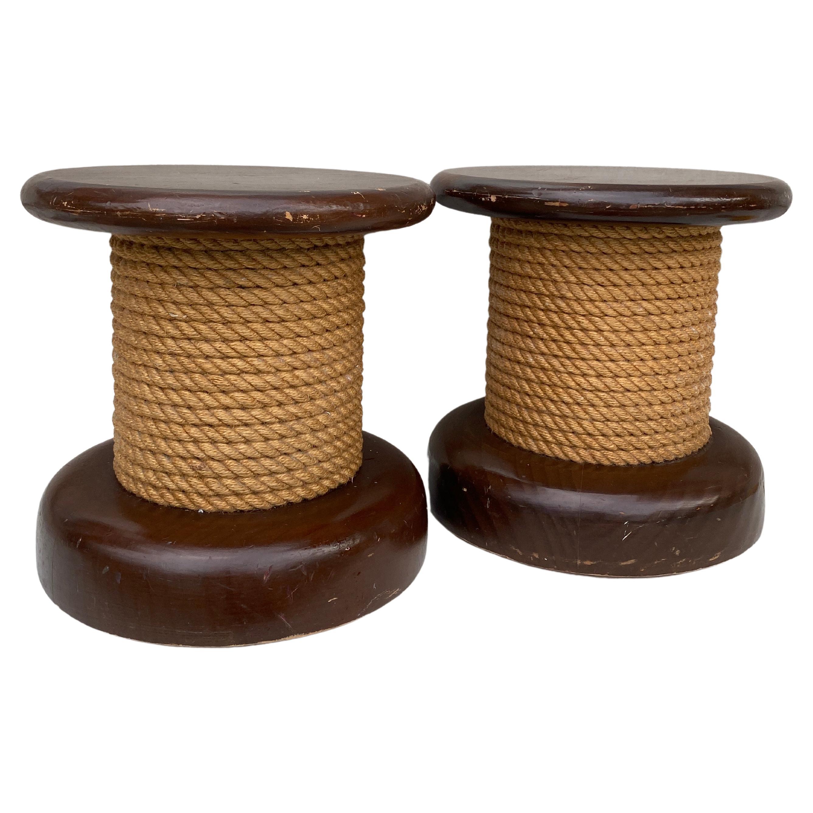  Mid-Century Pair of Rope & Wood Stool Adrien Audoux & Frida Minet  For Sale