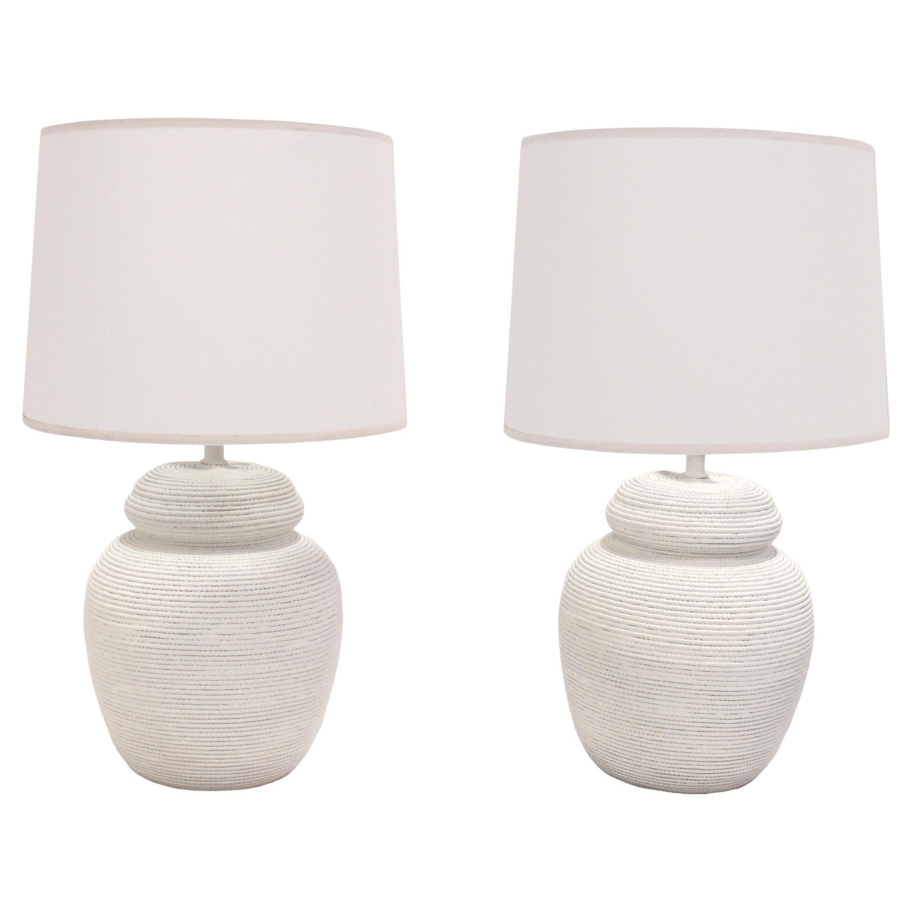 Pair of Rope Wrapped Form Ceramic Lamps  For Sale