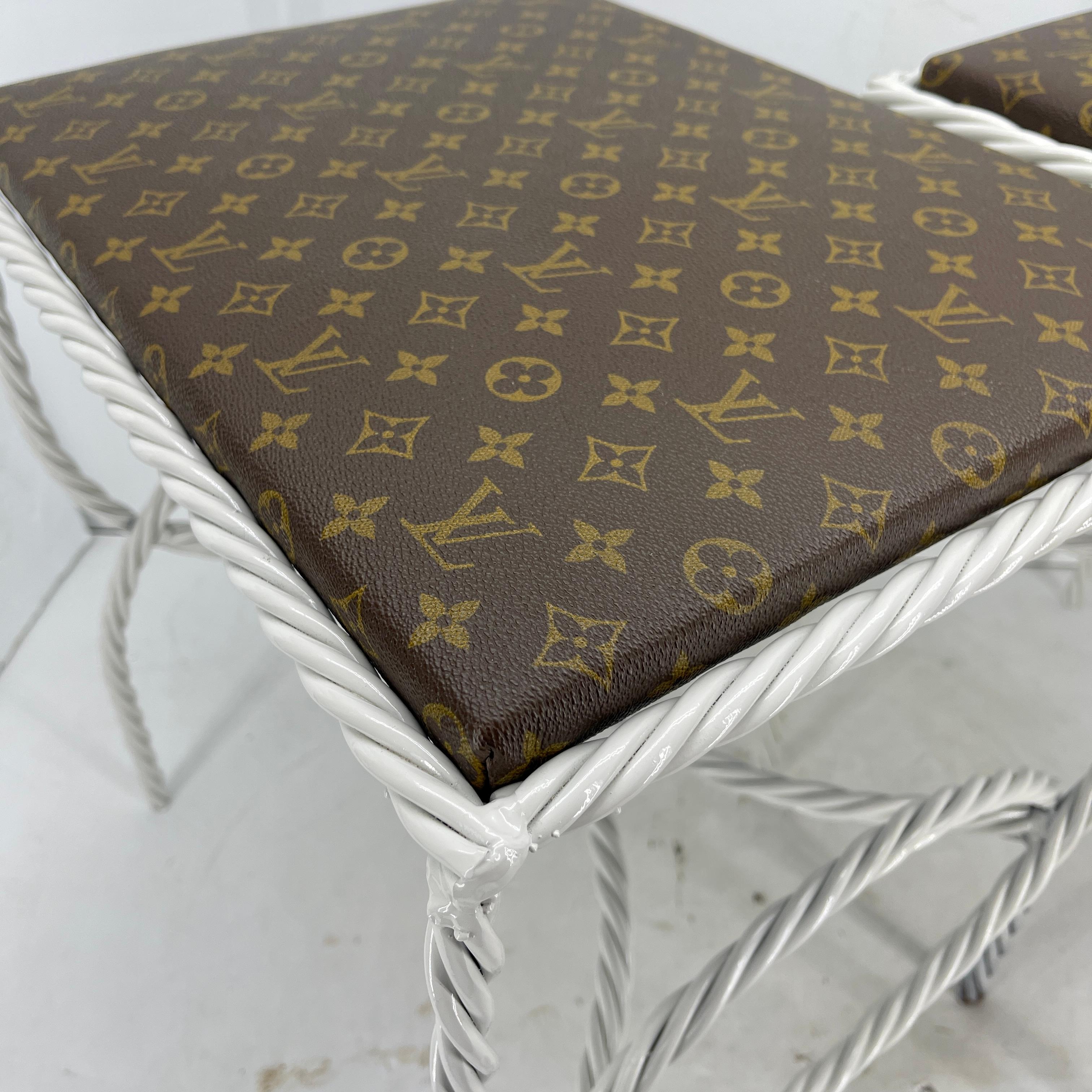 Pair of Roped Iron Benches Side Tables with Louis Vuitton Monogram Fabric For Sale 7