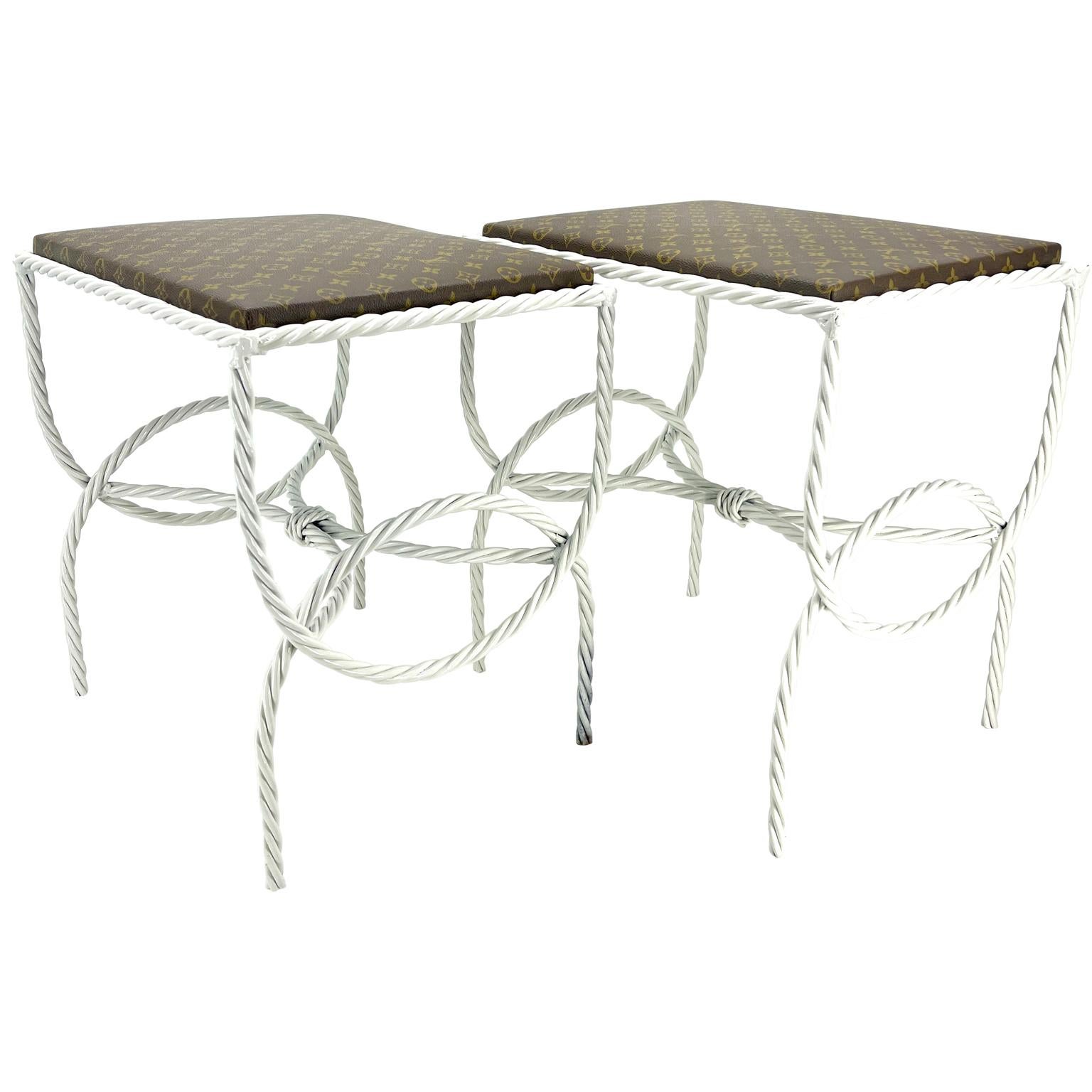 20th Century Pair of Roped Iron Benches Side Tables with Louis Vuitton Monogram Fabric For Sale