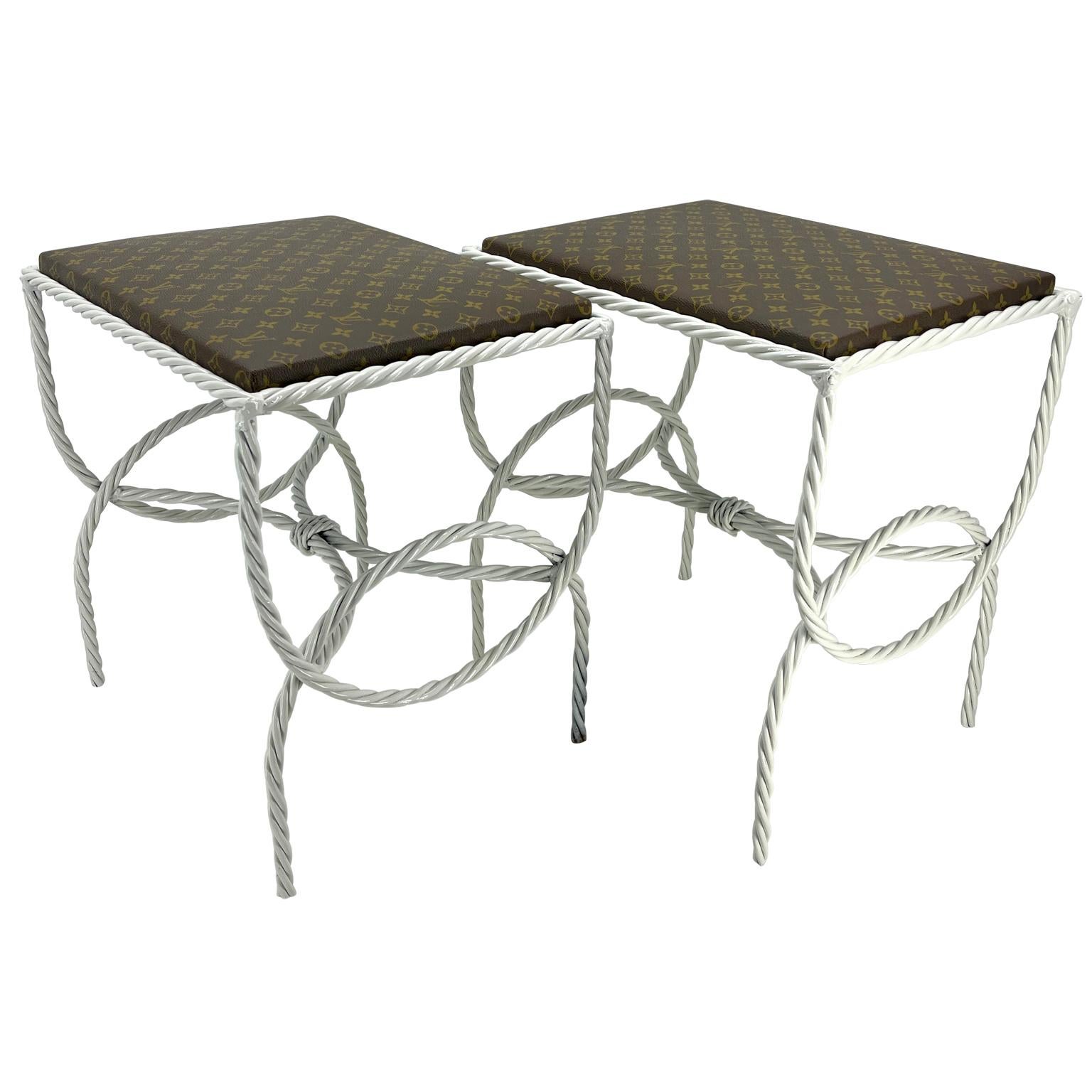 Powder-Coated Pair of Roped Iron Benches Side Tables with Louis Vuitton Monogram Fabric For Sale