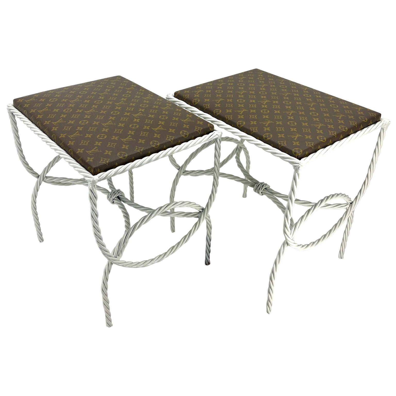 Pair of Roped Iron Benches Side Tables with Louis Vuitton Monogram Fabric For Sale