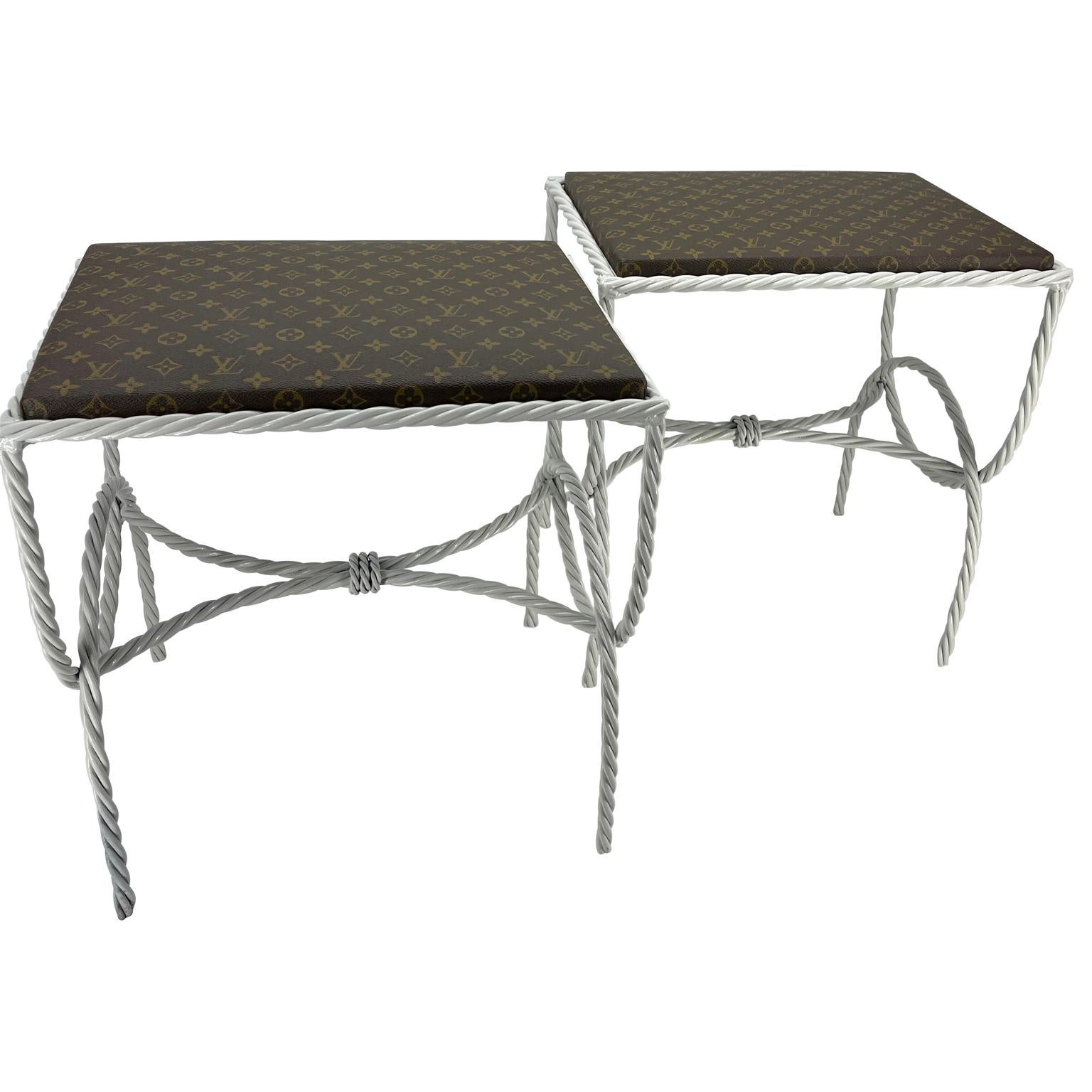 Mid-Century Modern Pair of Roped Iron Benches Side Tables with Louis Vuitton Monogram Fabric For Sale