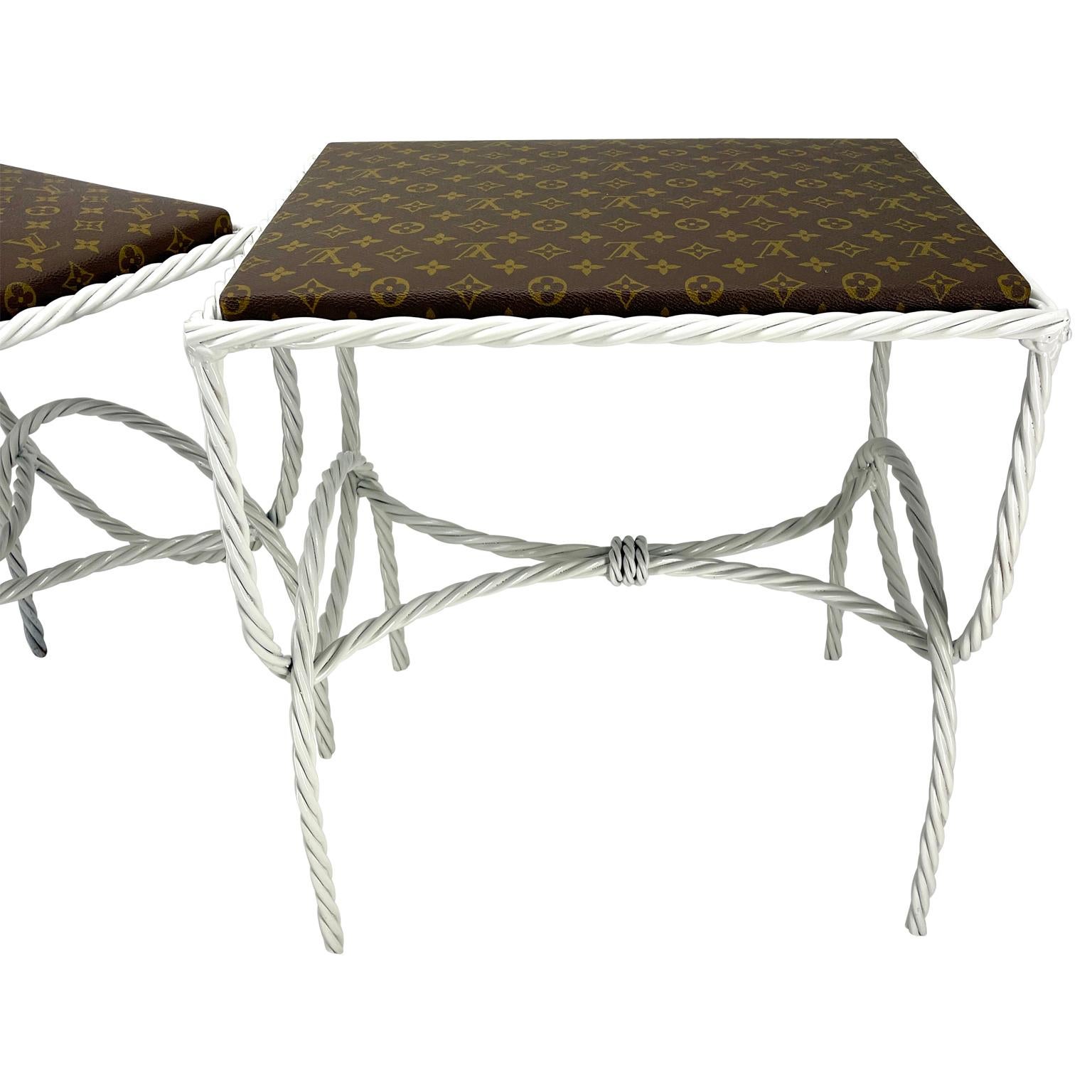 Pair of Roped Iron Benches Side Tables with Louis Vuitton Monogram Fabric For Sale 1
