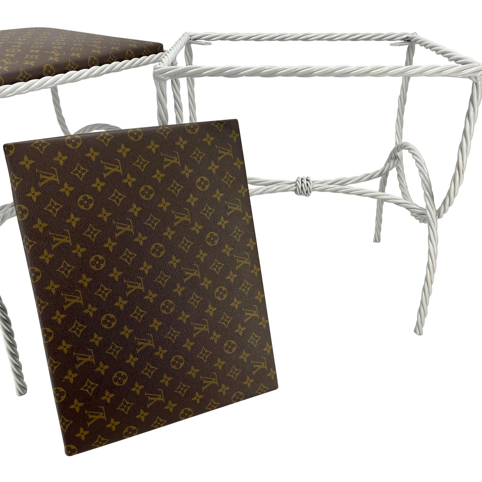 Pair of Roped Iron Benches Side Tables with Louis Vuitton Monogram Fabric For Sale 2