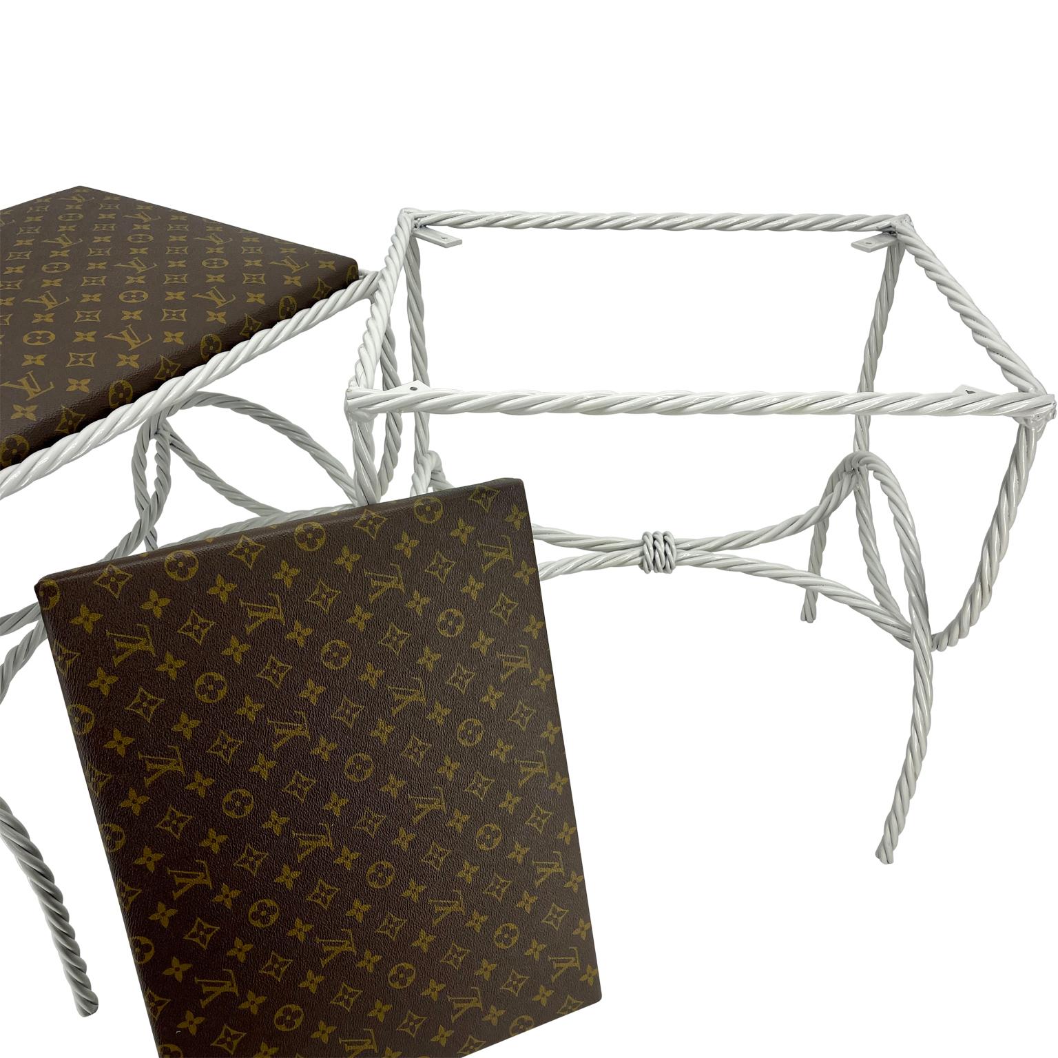 Pair of Roped Iron Benches Side Tables with Louis Vuitton Monogram Fabric For Sale 3
