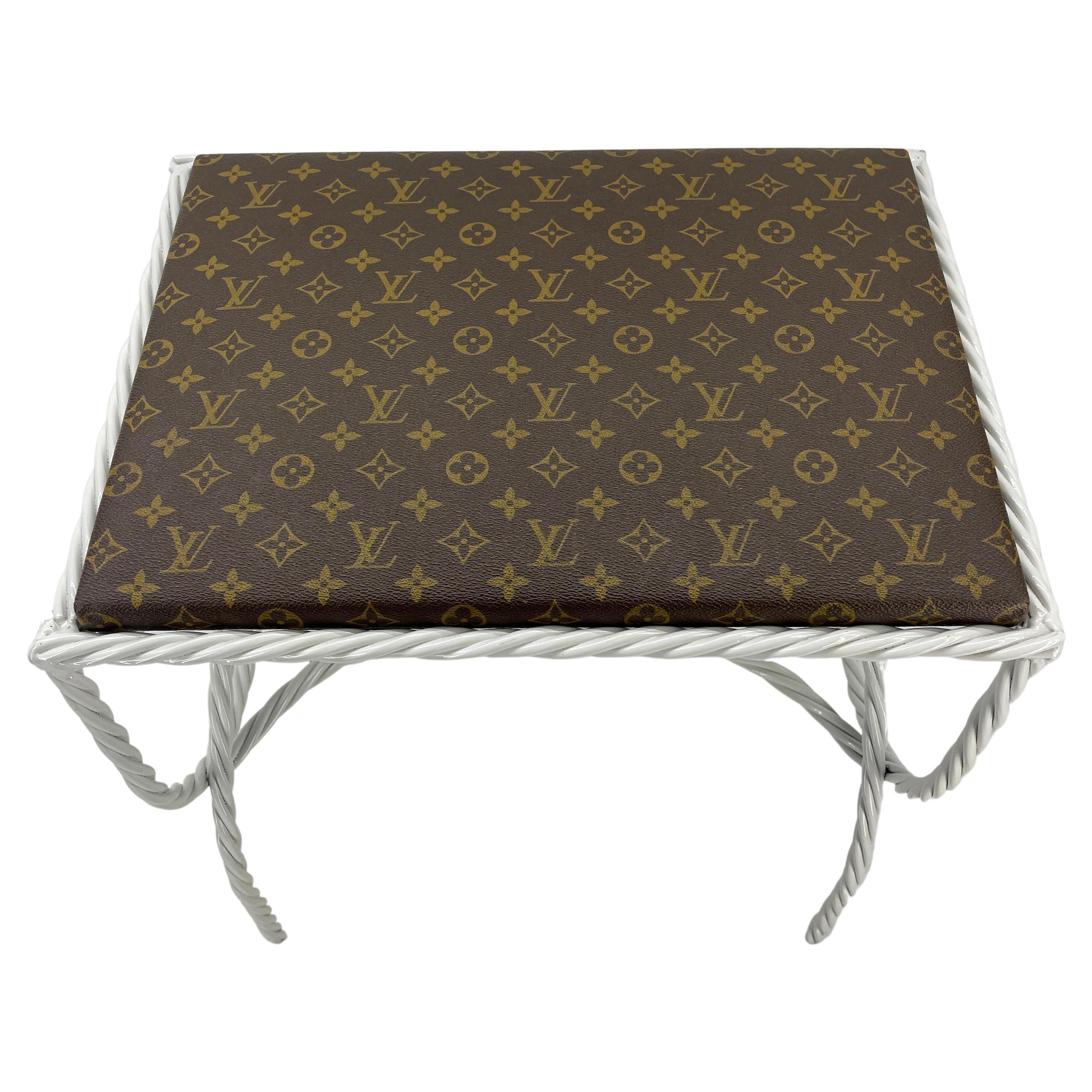 American Pair of Roped Iron Benches Side Tables with Louis Vuitton Monogram Fabric For Sale