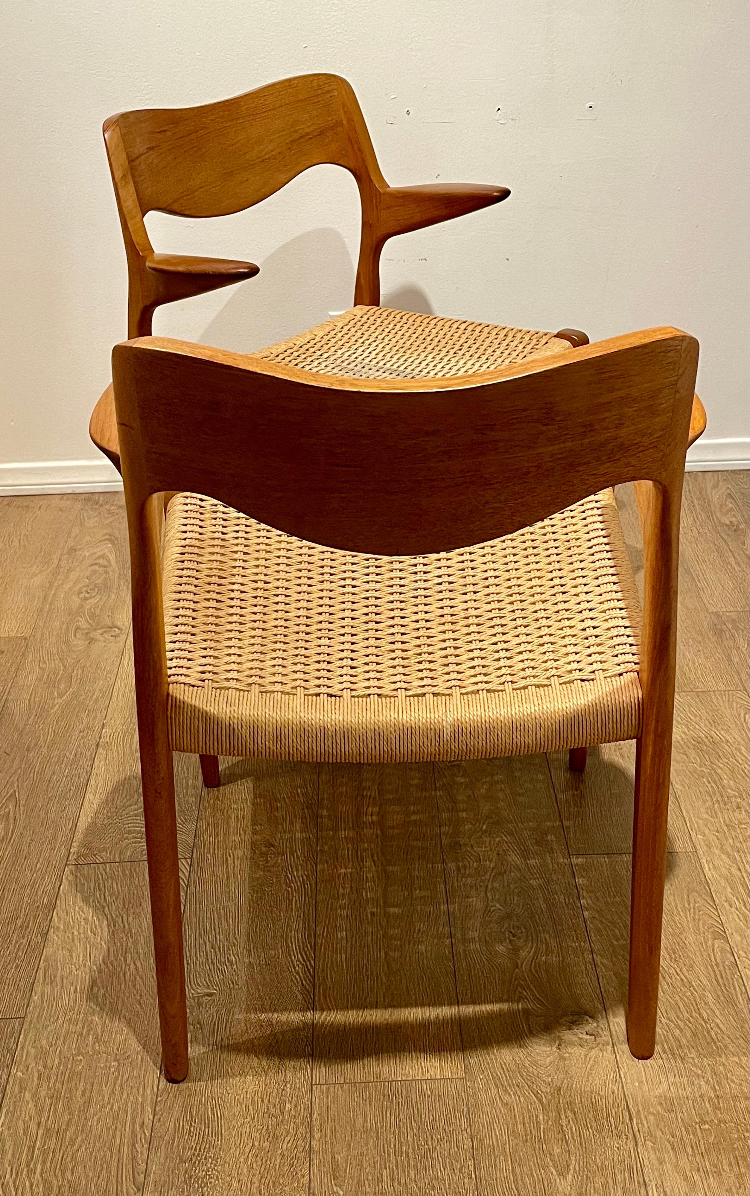 Scandinavian Modern Pair of Roped Seat Danish Teak Dining Chair Model 71 by Niels Otto Moller